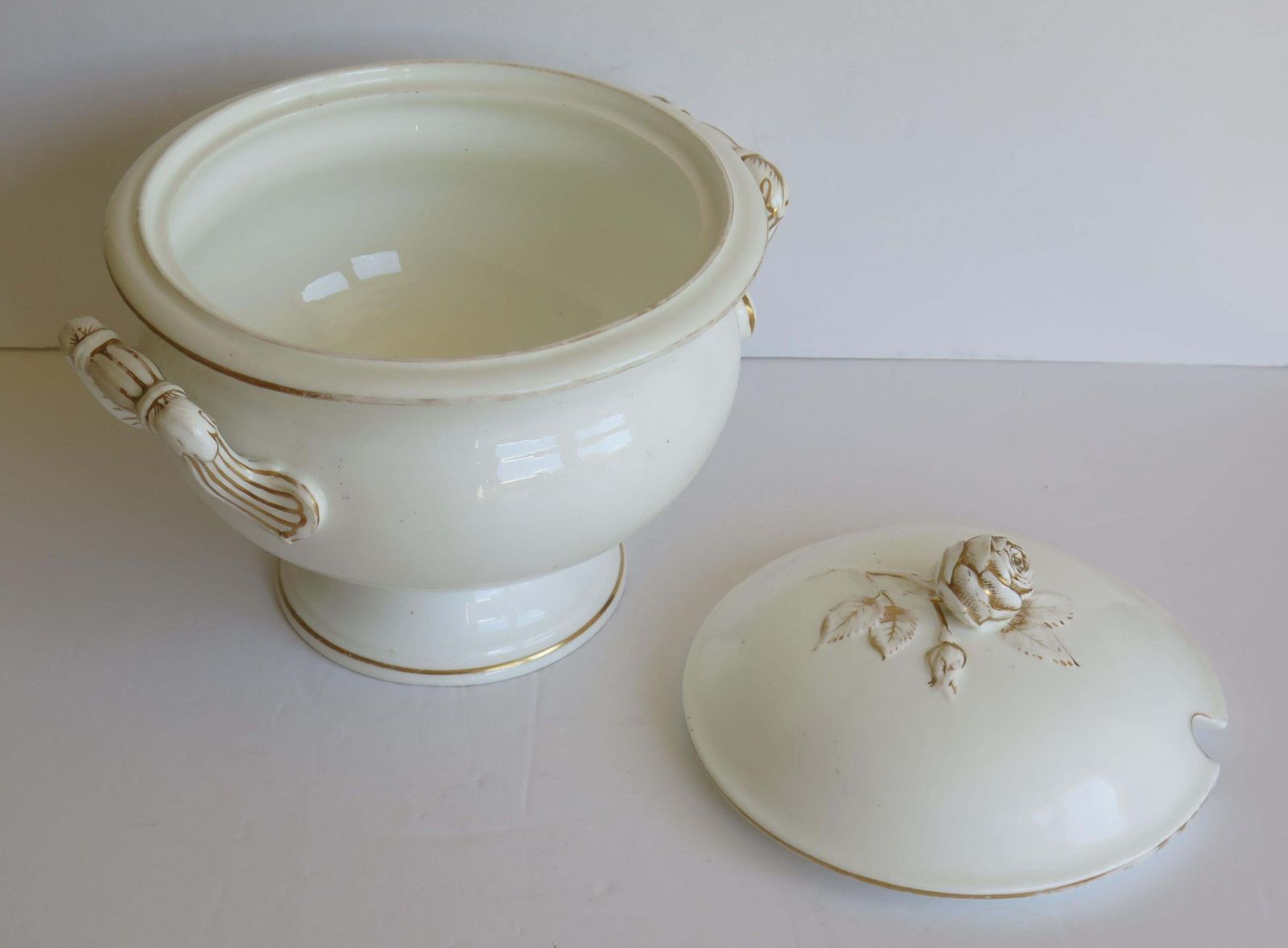 photo for sale Large 19th Century Porcelain Tureen Gilded Moulded Handles & Rose Knop To Lid