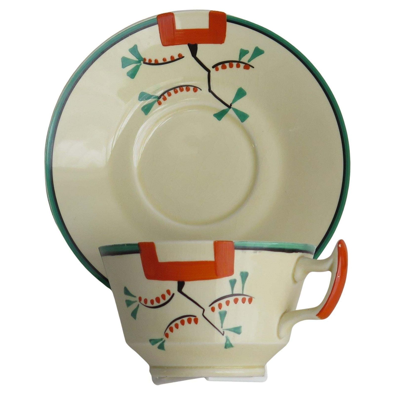 Clarice Cliff Cup And Saucer Duo Ravel Pattern Athens Shape, Art Deco Circa 1936