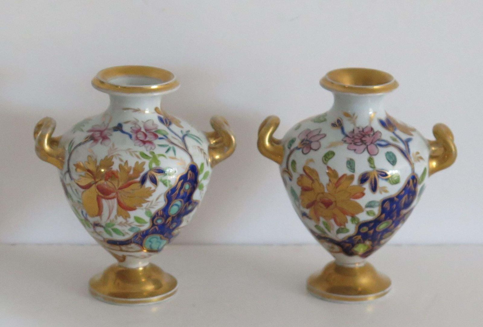 Rare Pair Masons Ironstone Small Vases Fence Rock & Gold Flower Pattern, Ca 1820 photo furniture