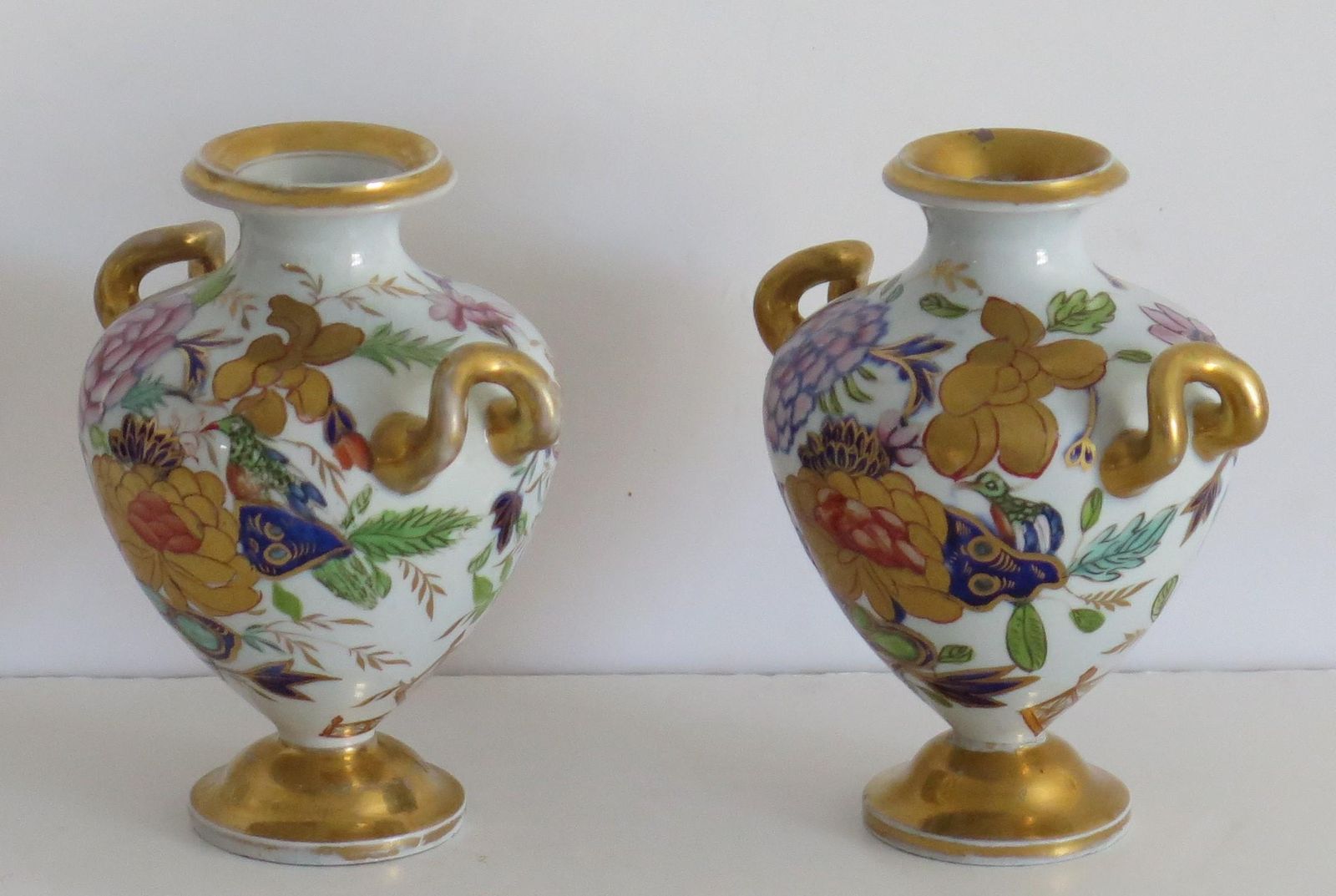Rare Pair Masons Ironstone Small Vases Fence Rock & Gold Flower Pattern, Ca 1820 photo for sale