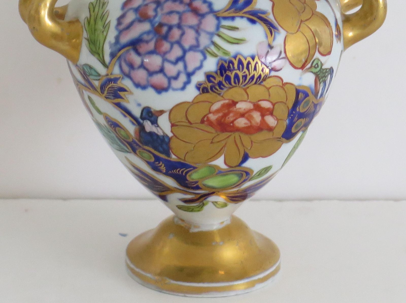 Rare Pair Masons Ironstone Small Vases Fence Rock & Gold Flower Pattern, Ca 1820 photo vintage