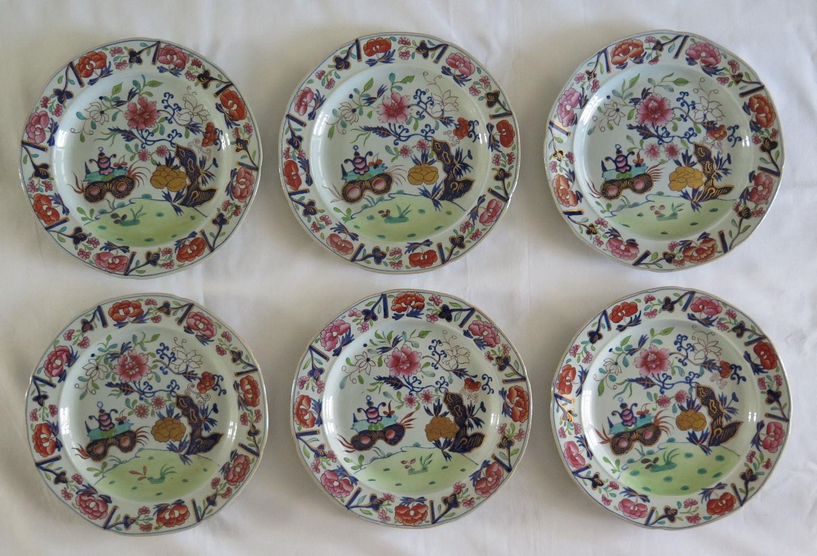 Set Of Six Masons Dinner Plates In Small Vase Flowers And Rocks Ptn, Ca 1818 photo Home Decor