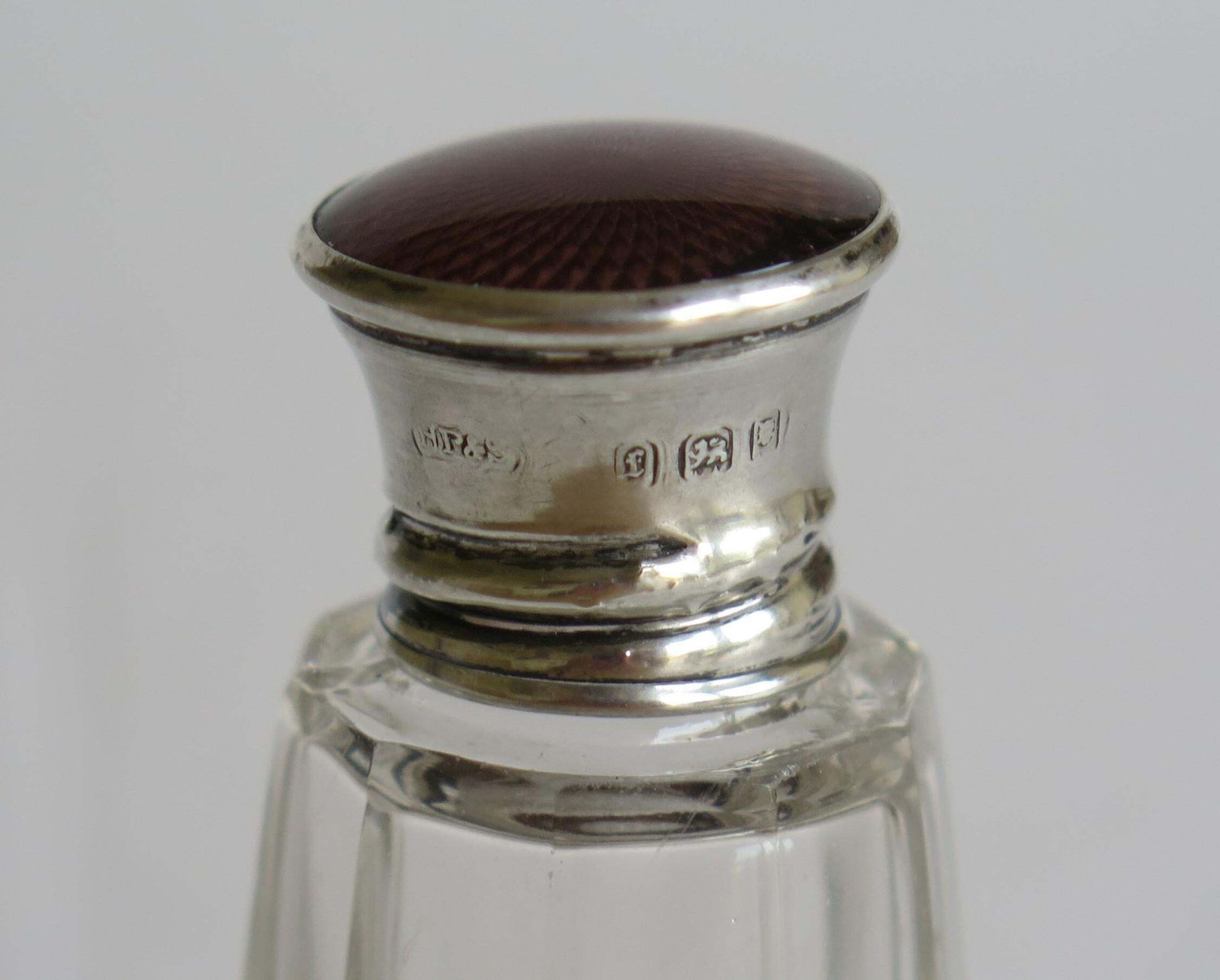 352.0 Burgundy Guilloche & Silver Topped Cut Glass Scent Or Perfume Bottle London 1921 photo