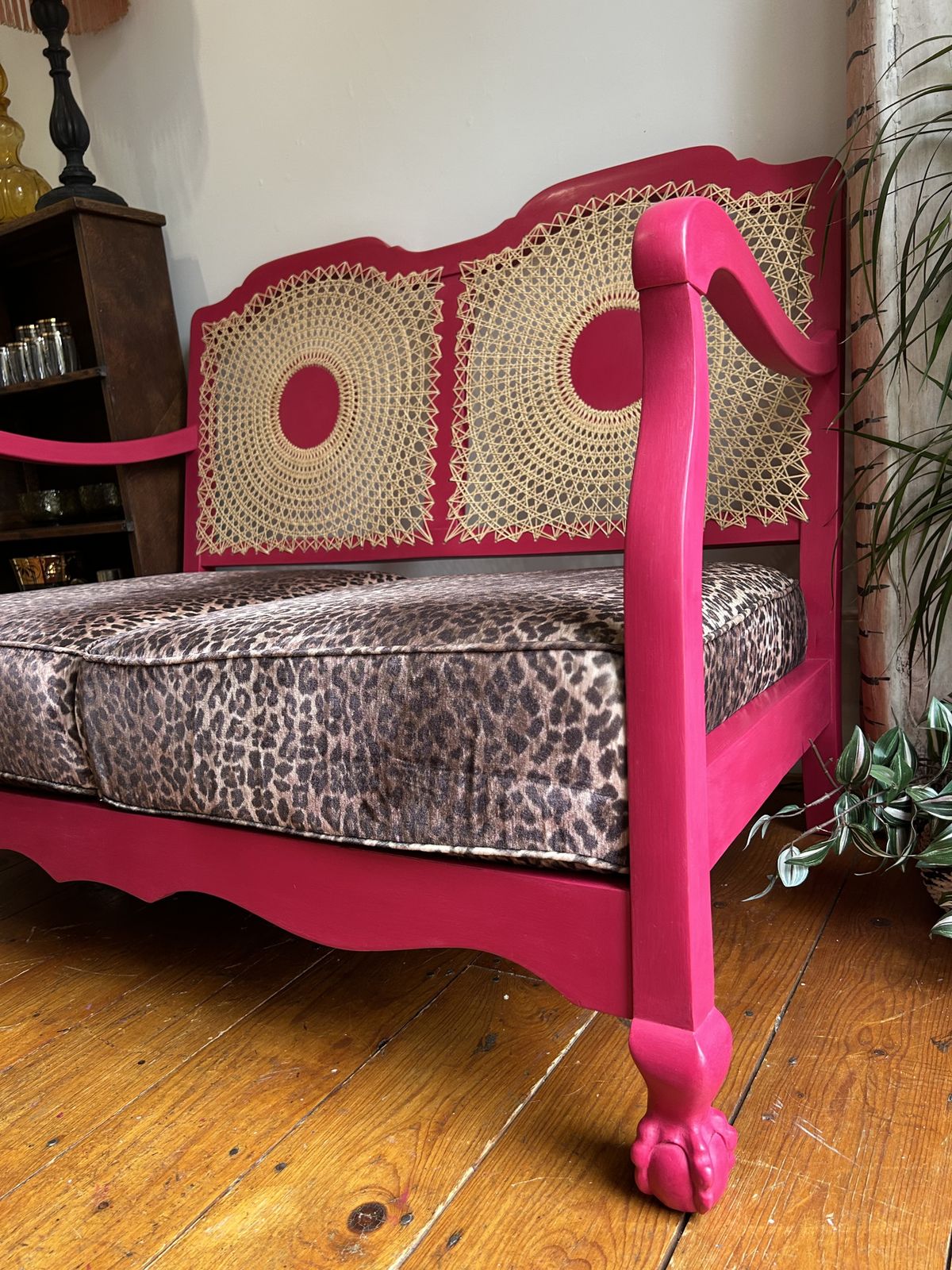 Pink And Leopard Print Cane Two Seater Sofa photo Furniture
