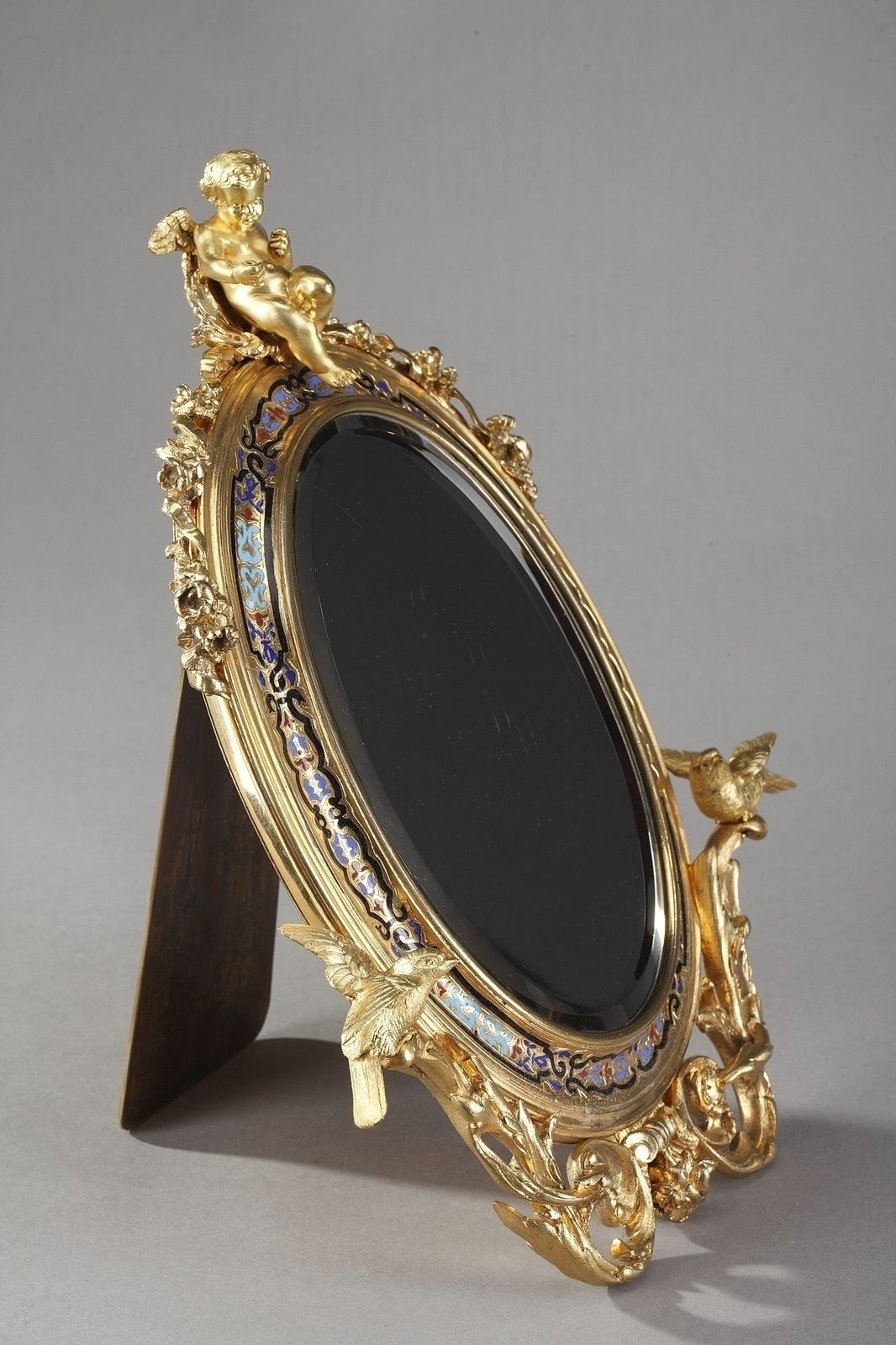 photo for sale Petit miroir de table en bronze doré émaillé champlevé