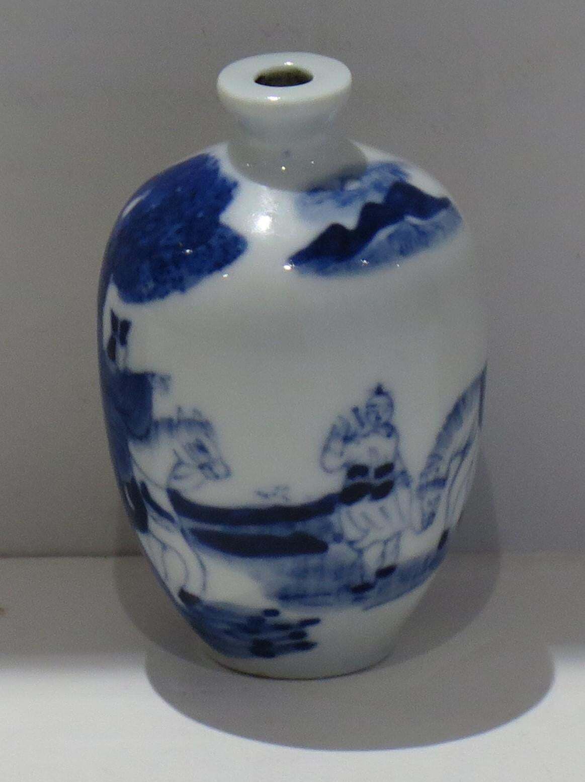 19th C Chinese Porcelain Snuff Bottle Blue & White Hand Painted, Qing Xianfeng photo furniture
