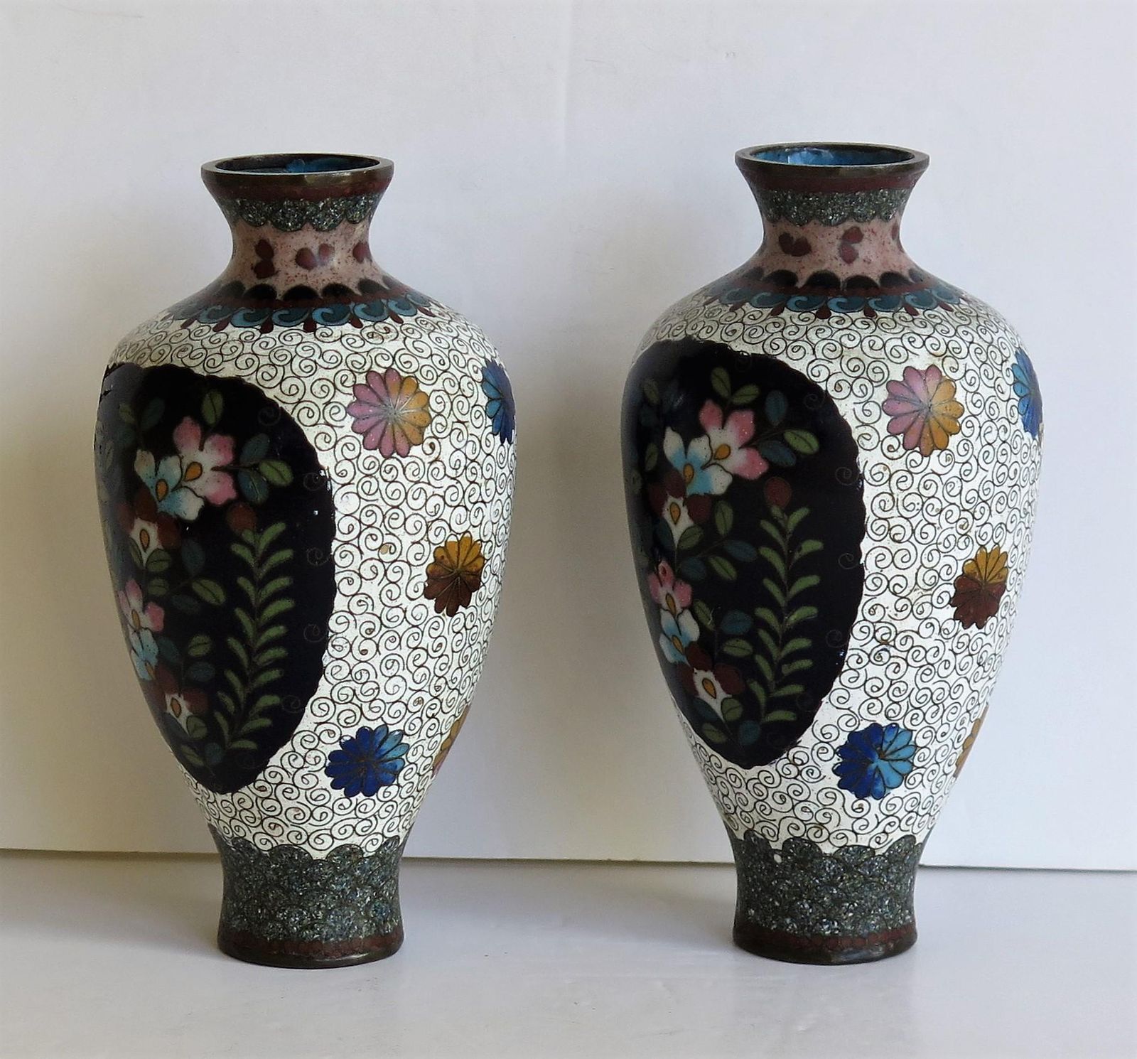 Japanese Cloisonné Vases Butterflies & Flowers, 19th Century Meiji Period, Pair photo 372.0