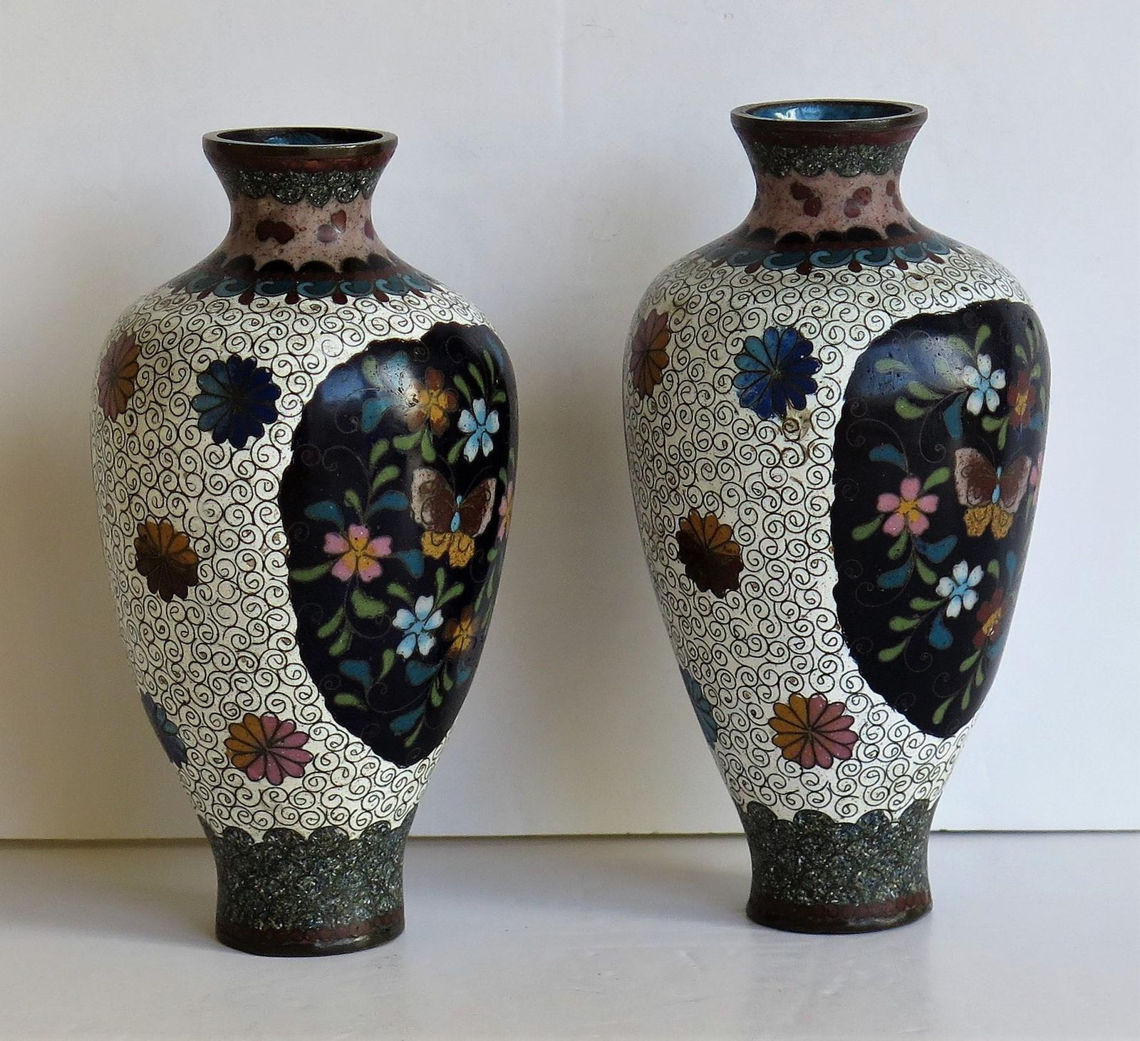 Japanese Cloisonné Vases Butterflies & Flowers, 19th Century Meiji Period, Pair photo buy