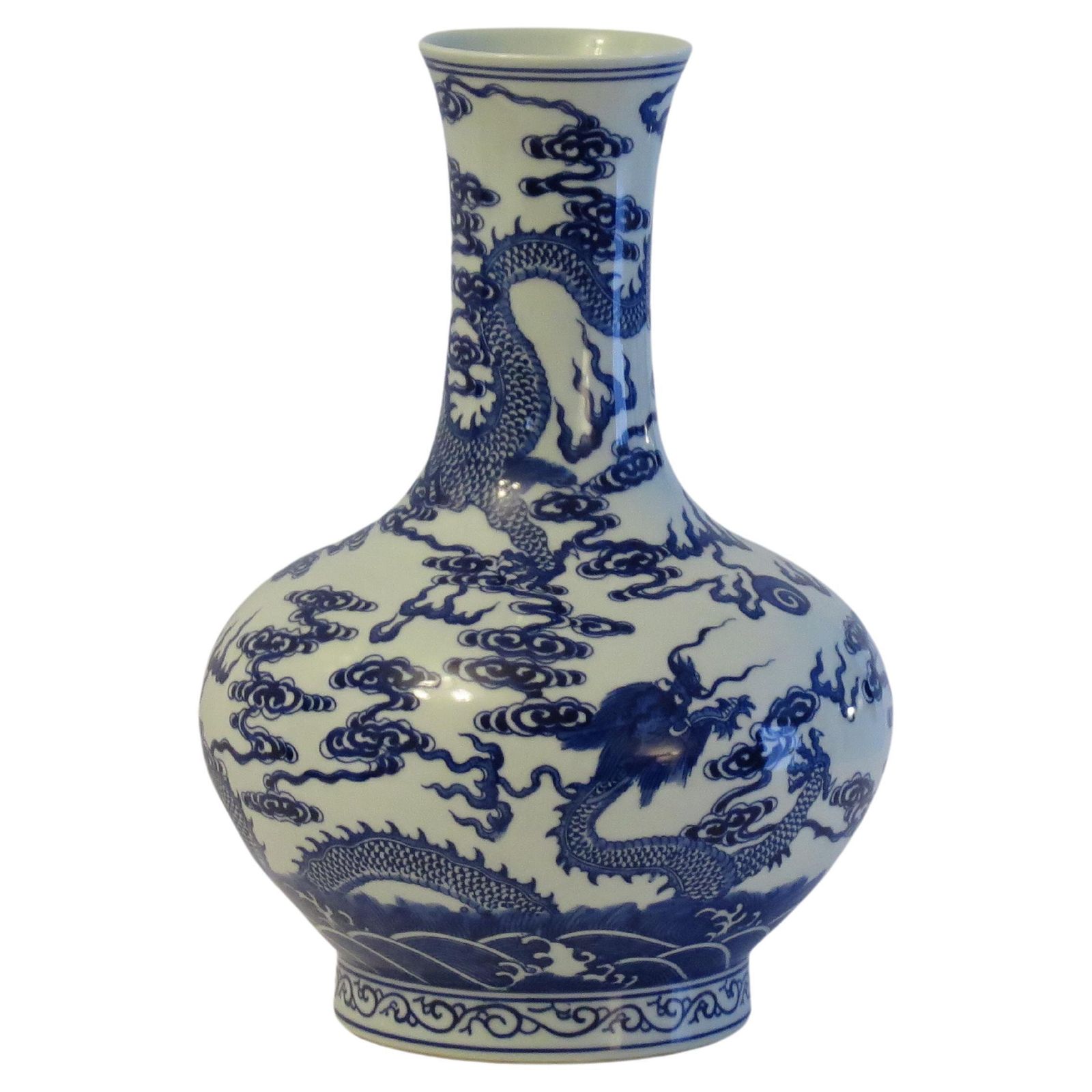 Chinese Export Vase Porcelain Blue & White Hand Painted Dragons, Circa 1950
