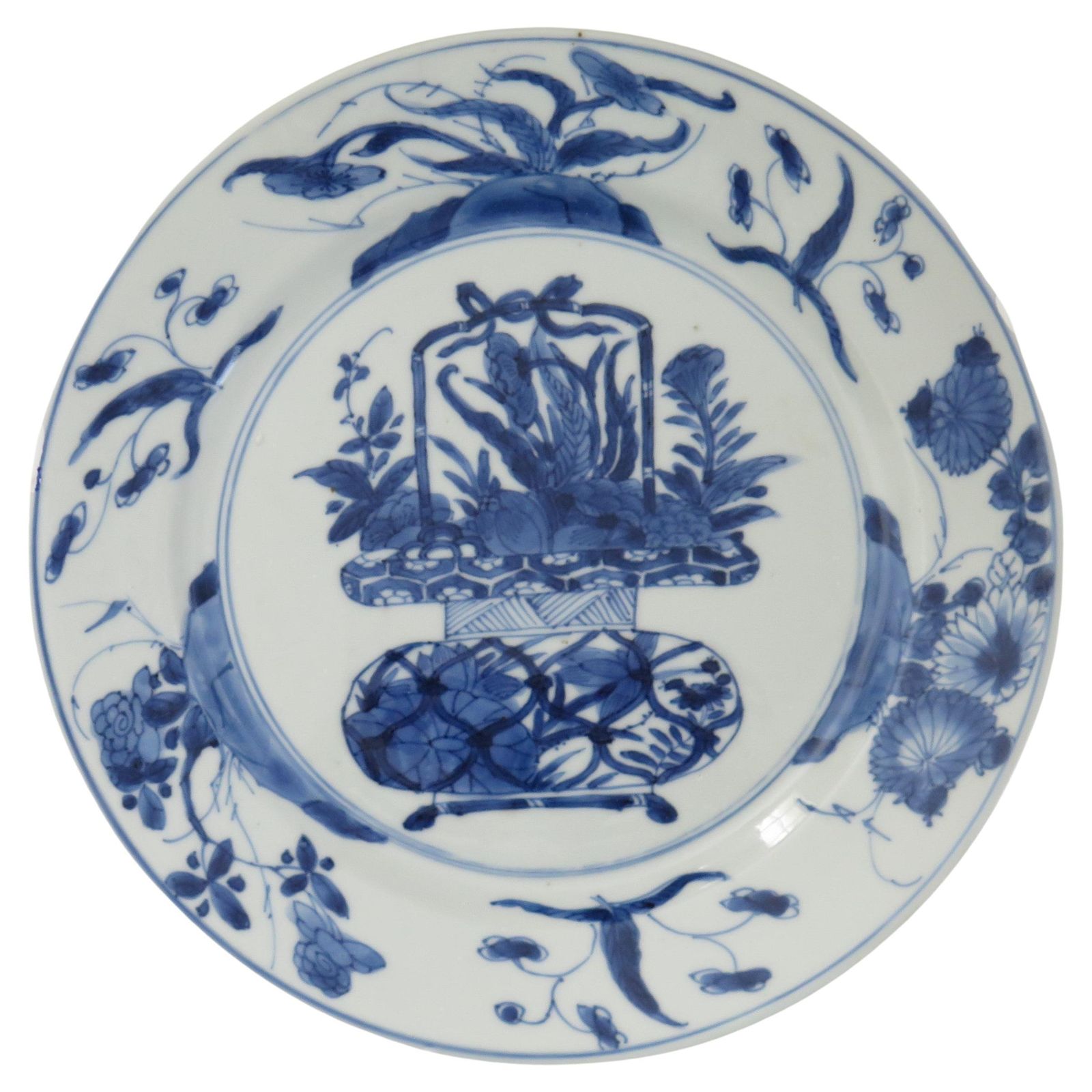 Chinese Kangxi Mark & Period Plate Porcelain Blue & White Flower Basket, Ca 1700 photo furniture
