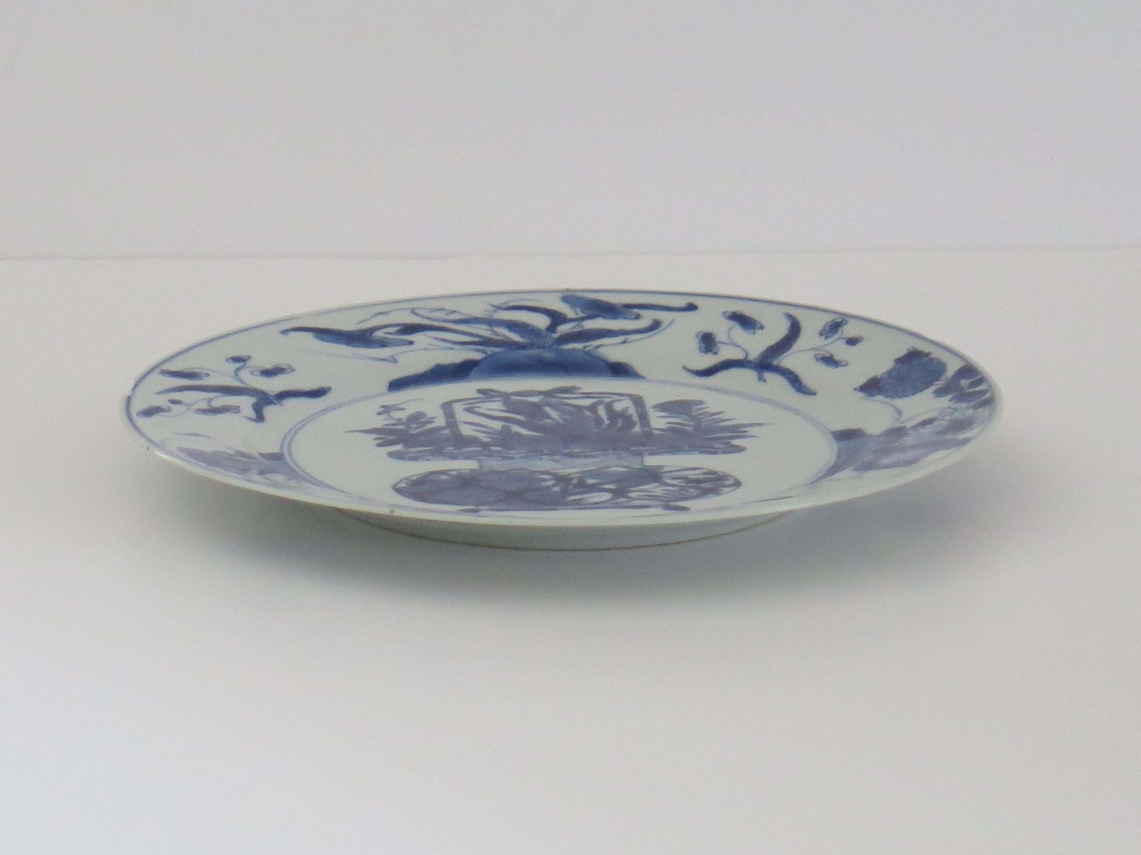 photo for sale Chinese Kangxi Mark & Period Plate Porcelain Blue & White Flower Basket, Ca 1700