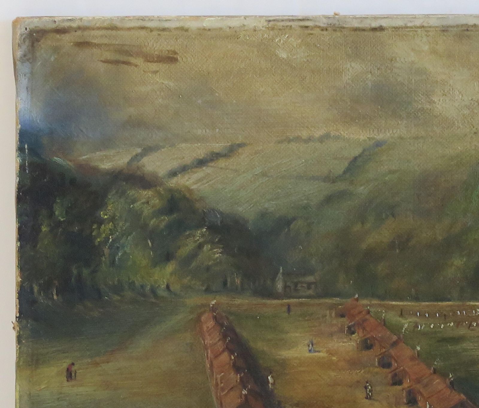 Original Oil Painting On Canvas Colonial Shanty Town Landscape, 19th C. photo for sale