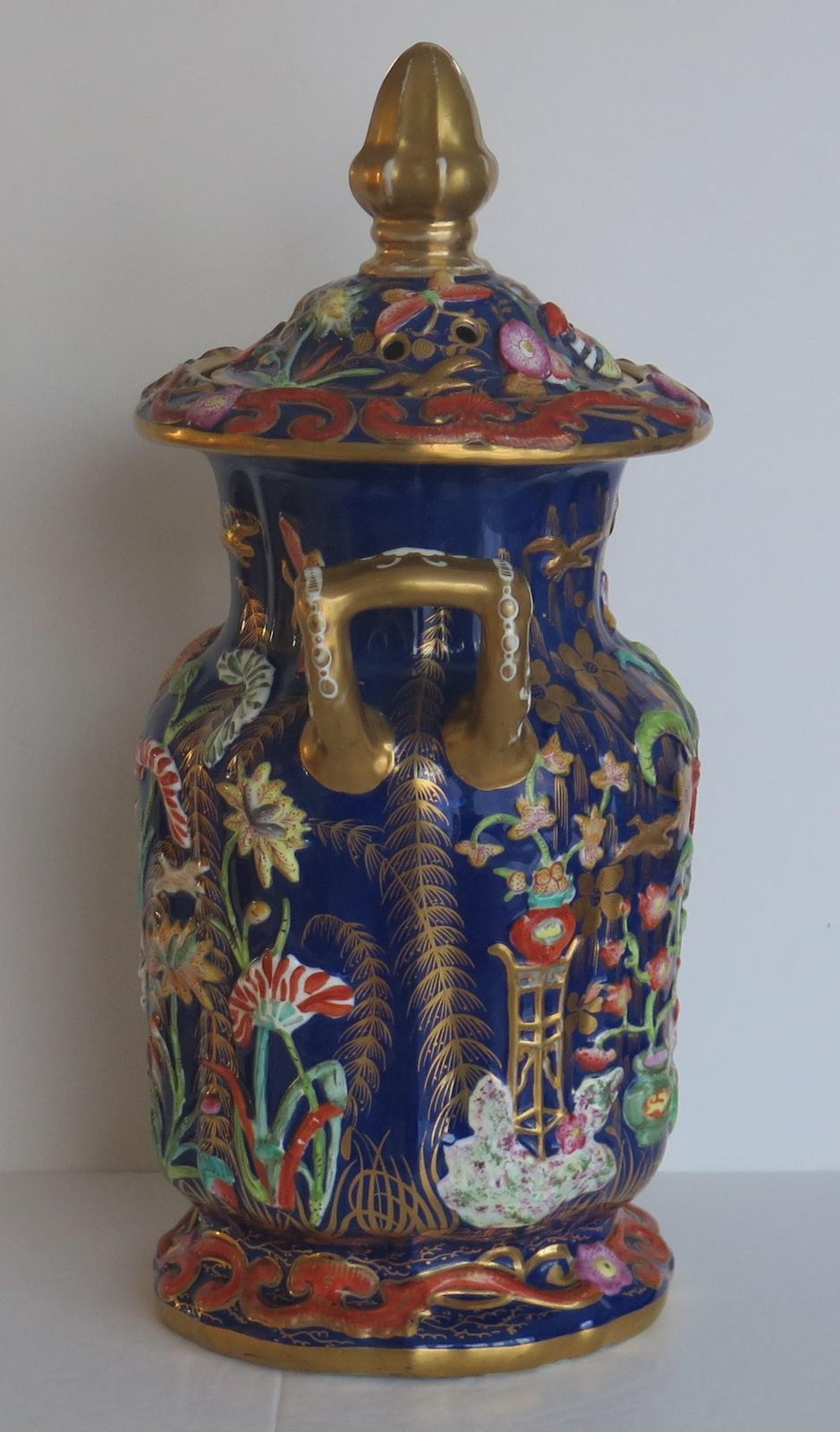 Rare Large Masons Ironstone Covered Vase With Relief Motifs, Circa 1825 photo vintage
