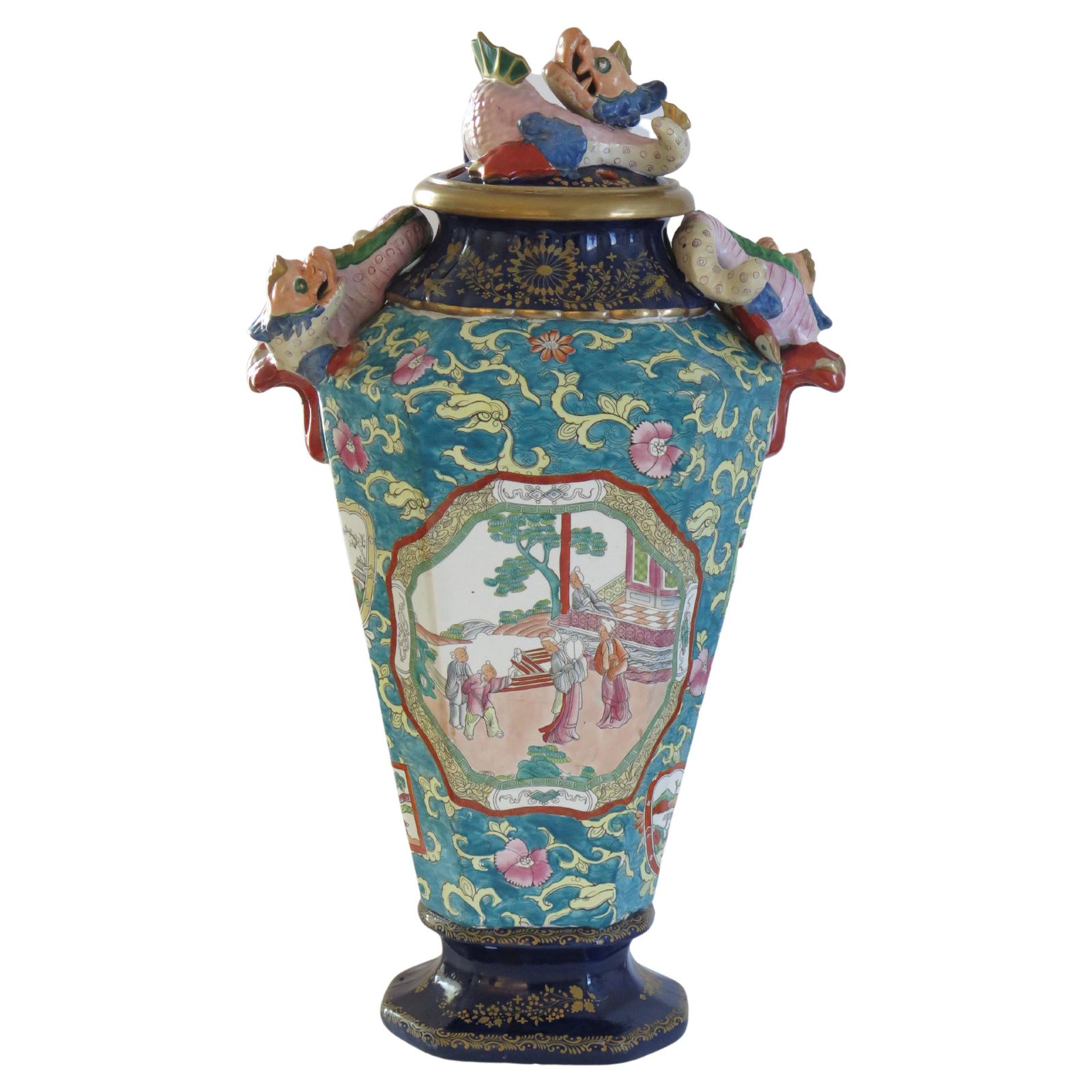 Rare Masons Ironstone Lidded Alcove Very Large Vase With Dragons, Ca 1825