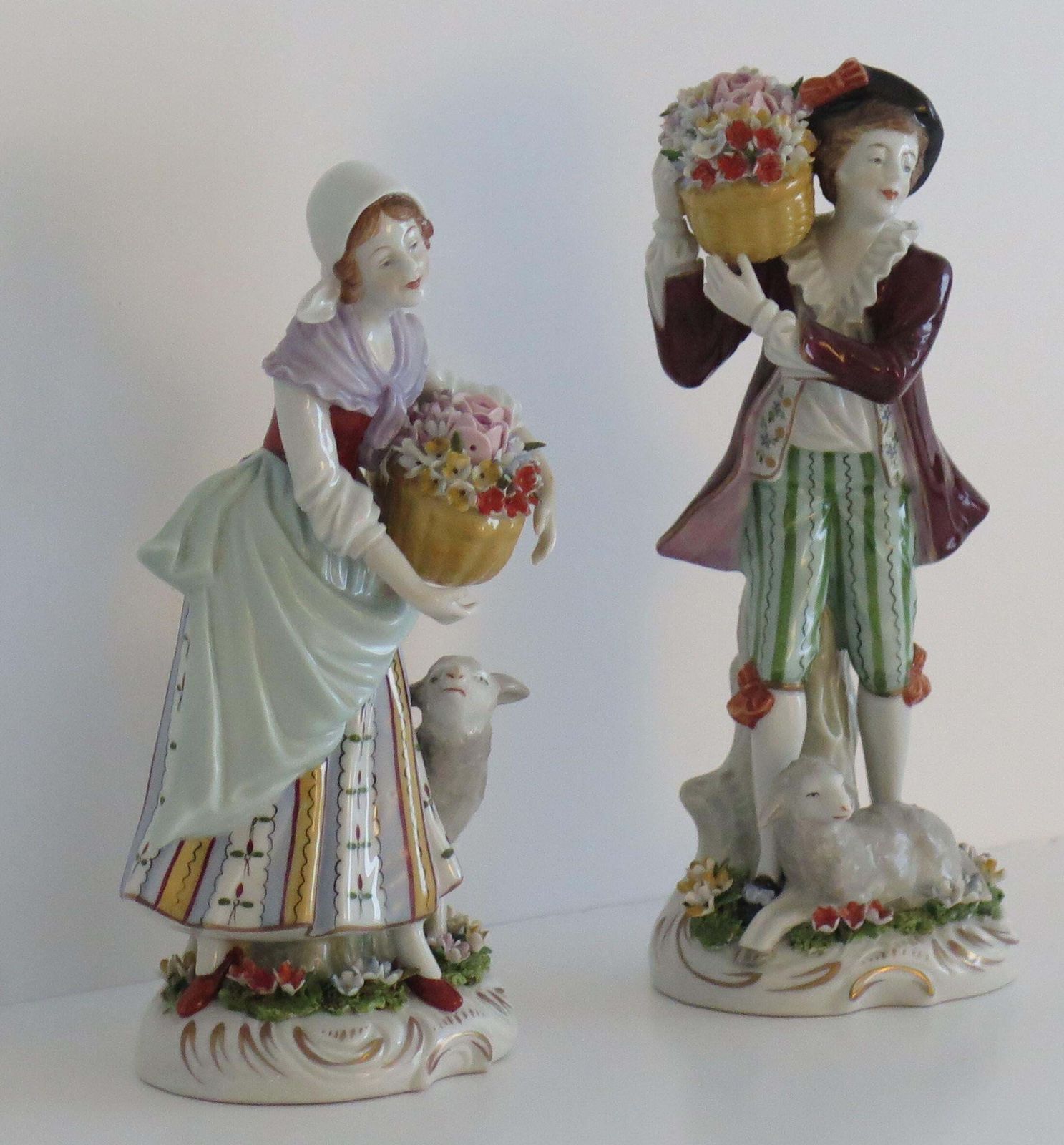 Pair Of Sitzendorf Figures Porcelain Flower Sellers, German Fully Marked Ca 1920 photo for sale