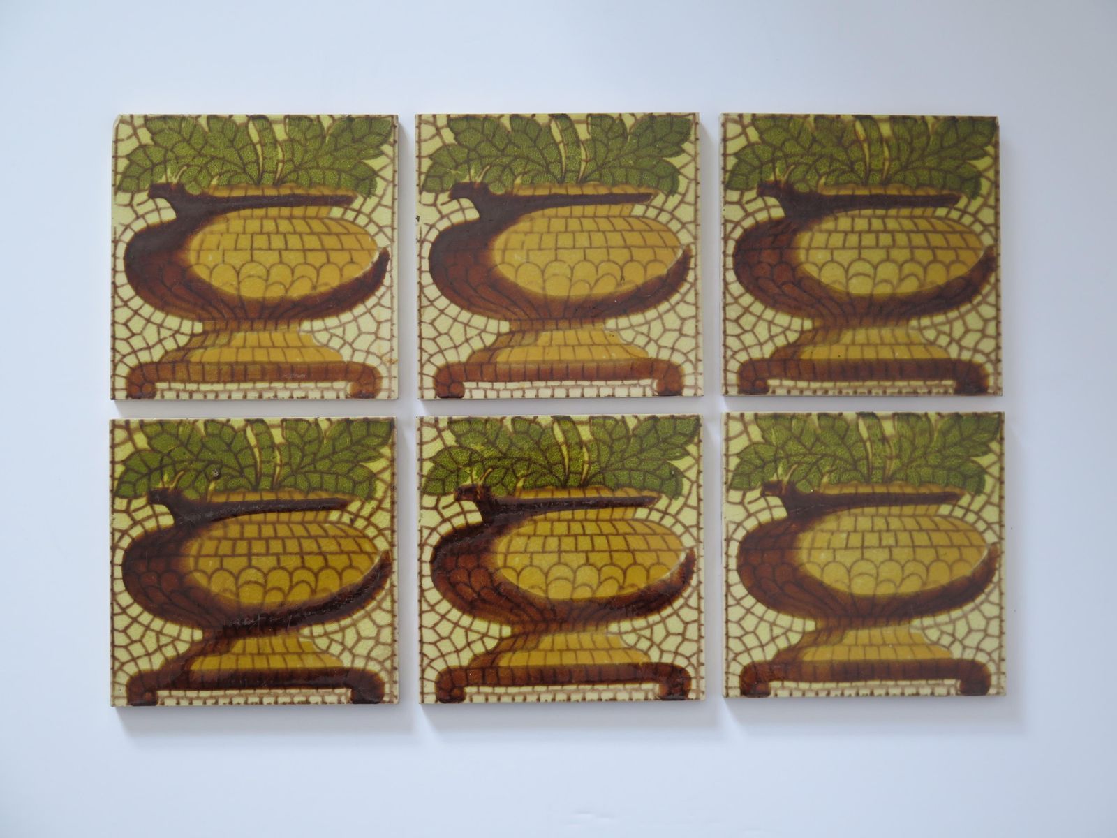 Set Of Six Ceramic Wall Tiles Pineapple Vase Pat'n 6 Inches Square,  Circa 1960 photo for sale