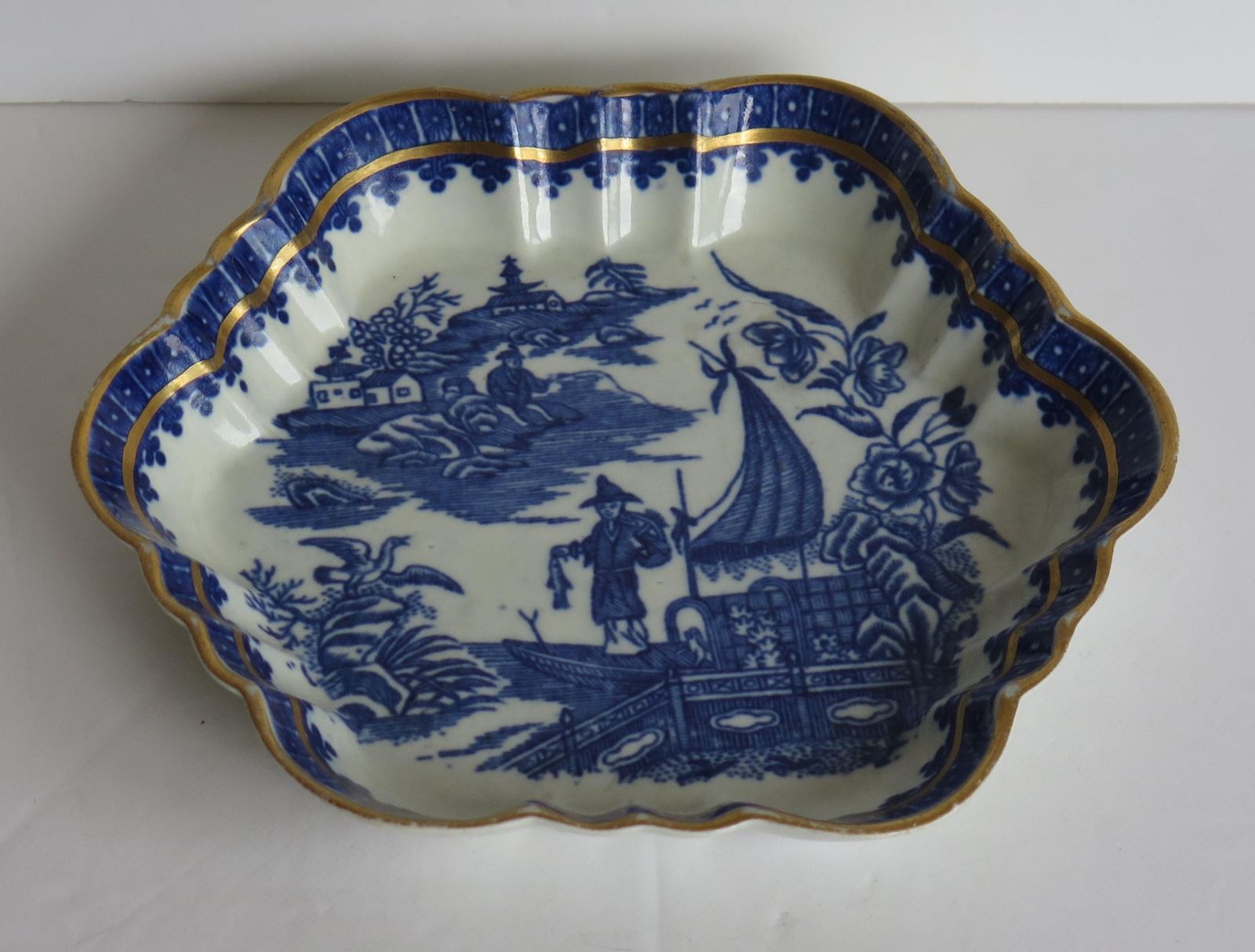 First Period DR. Wall Worcester Porcelain Teapot Stand Fisherman Ptn, Circa 1775 photo for sale