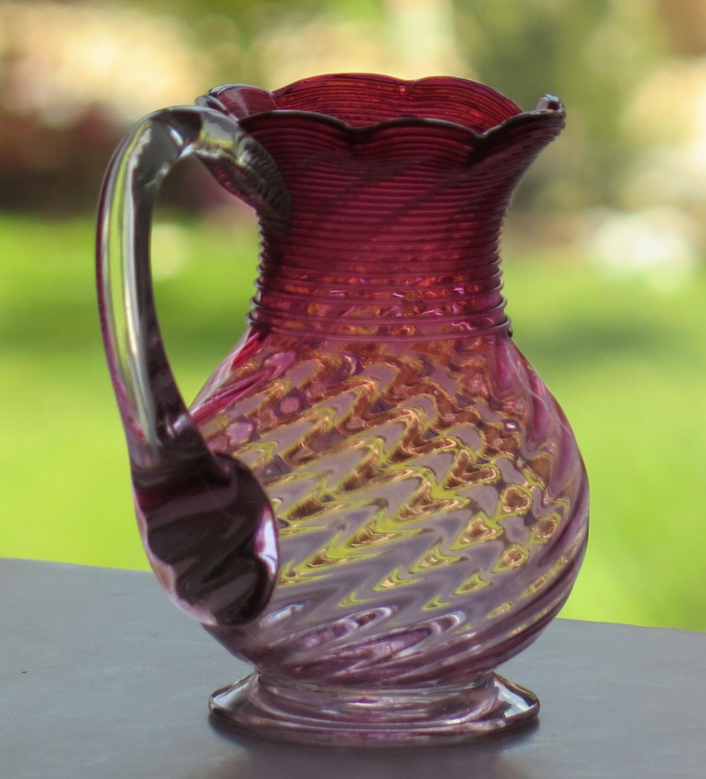 19th Century Cranberry Glass Milk Or Cream Jug Wrythen Moulded, English Ca 1870 photo for sale