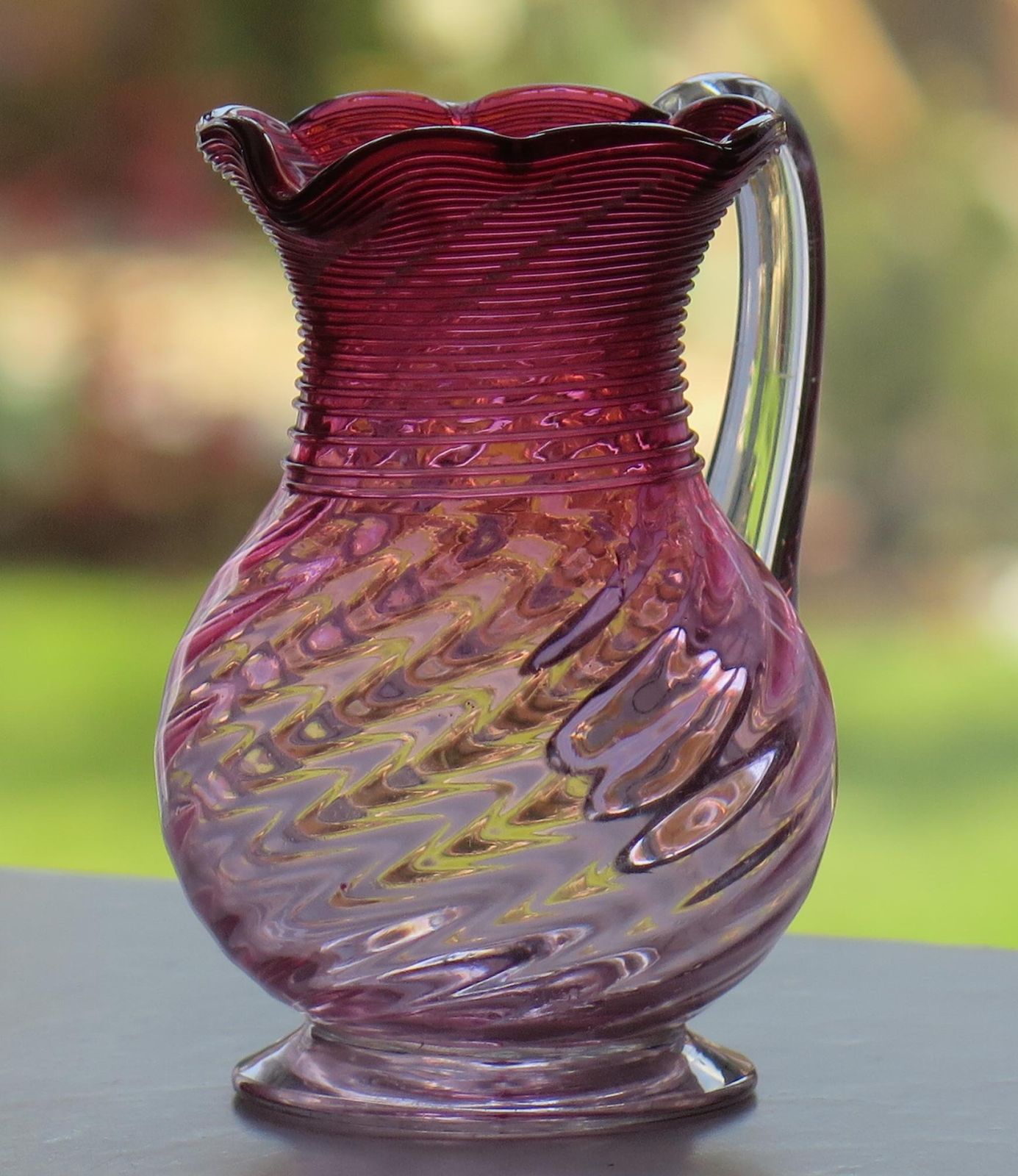 19th Century Cranberry Glass Milk Or Cream Jug Wrythen Moulded, English Ca 1870 photo 235.0