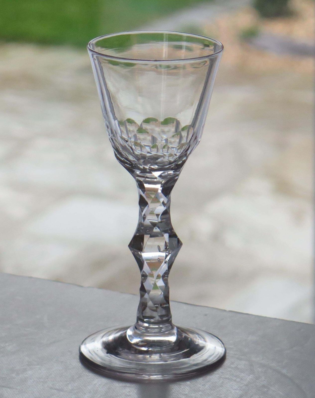 18th C Georgian Wine Drinking Glass Facet Cut Stem Hand Blown, Ca 1785 photo for sale