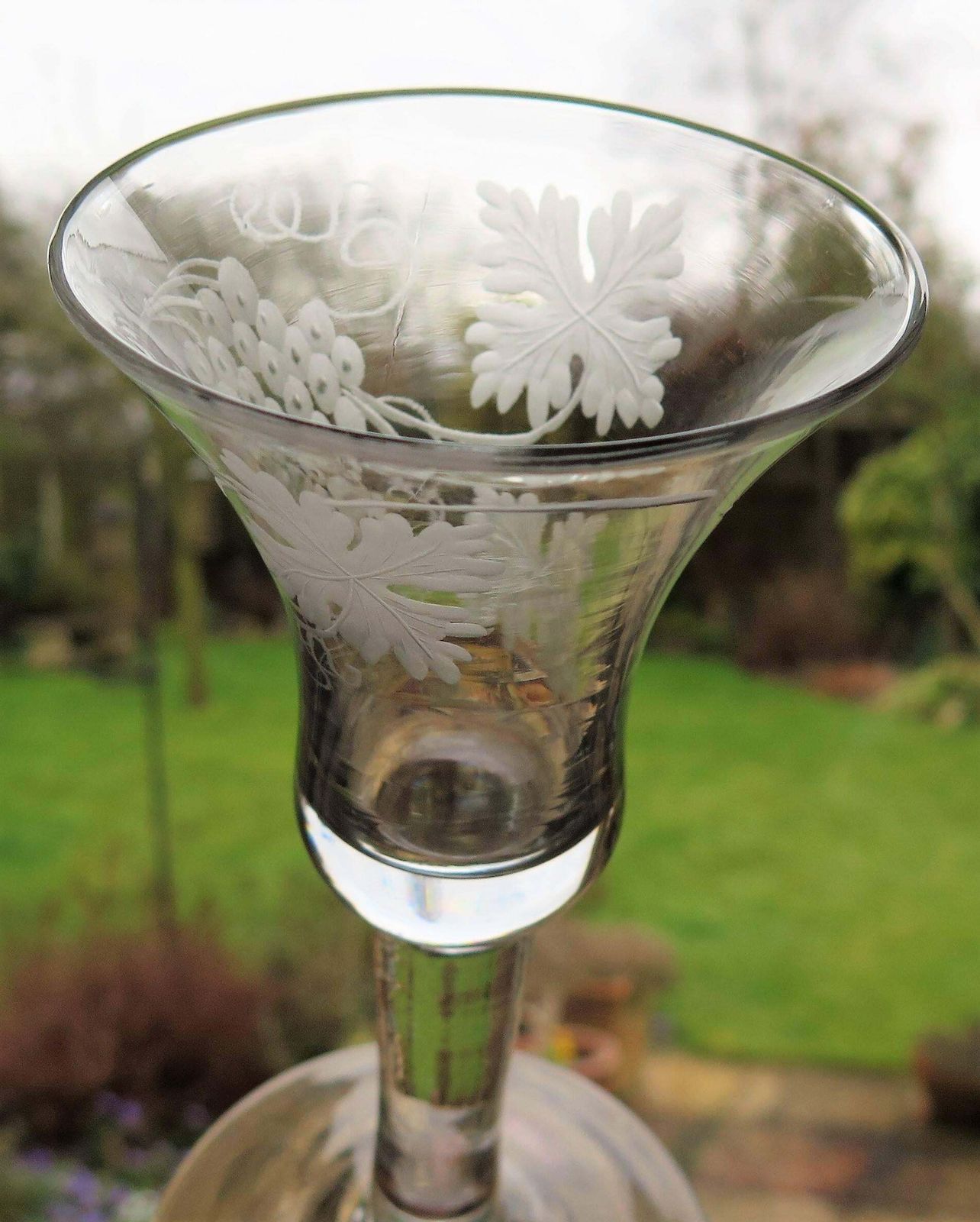 George II English Wine Drinking Glass Engraved Bell Bowl Hand Blown, Circa 1745 photo 657.0