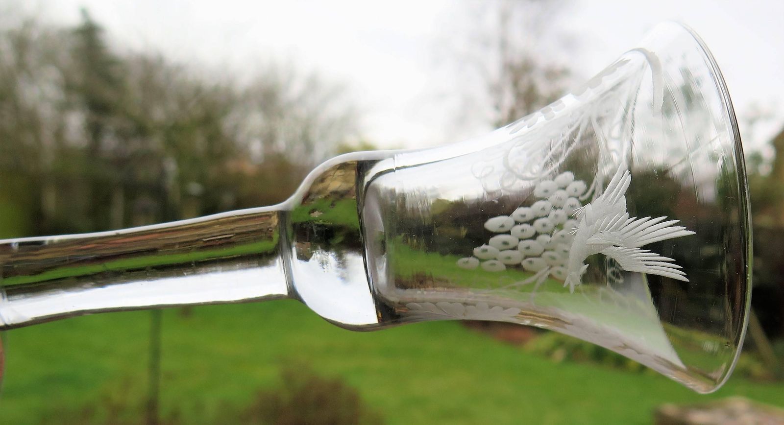 George II English Wine Drinking Glass Engraved Bell Bowl Hand Blown, Circa 1745 photo vintage