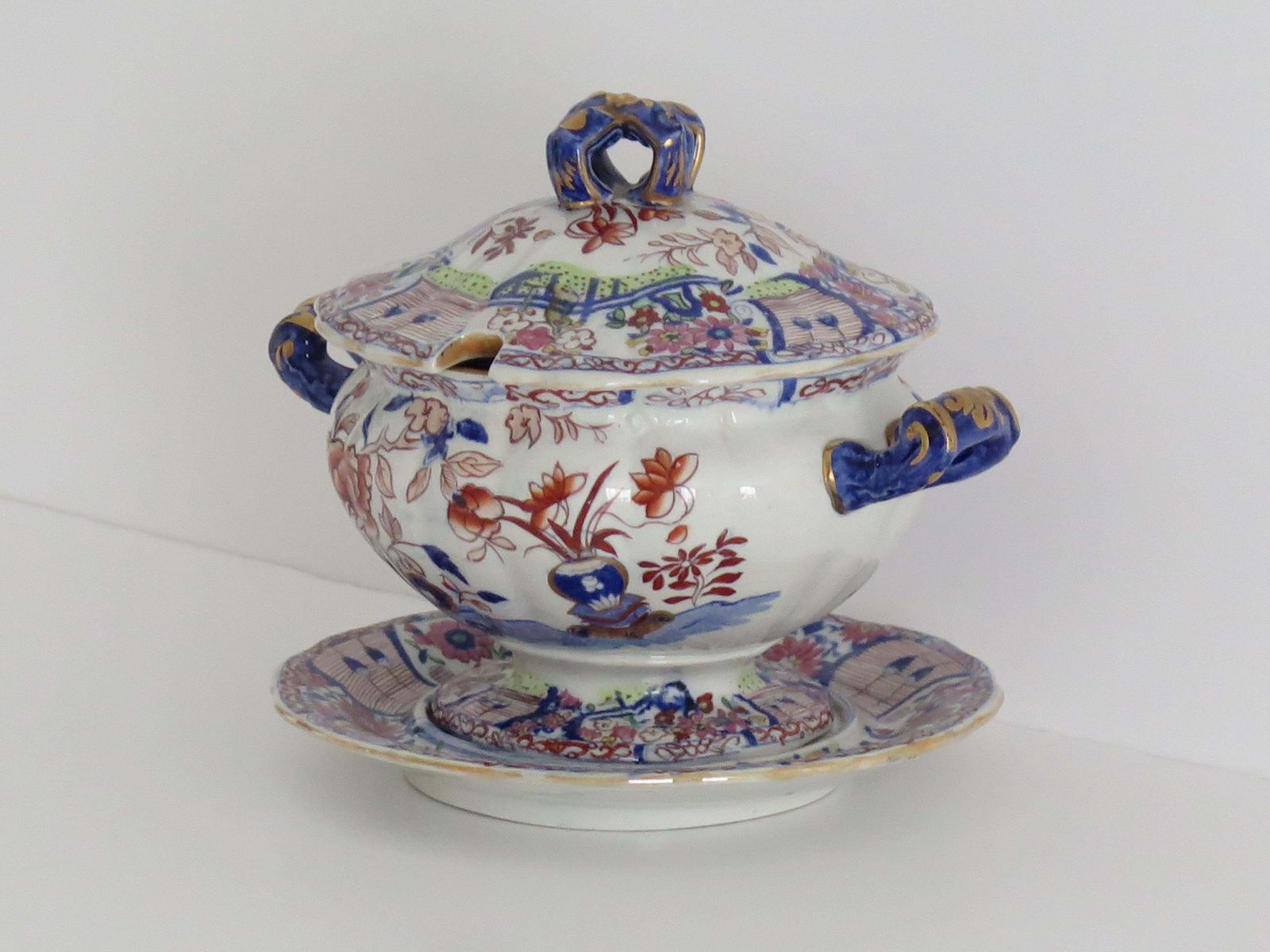 Georgian Masons Ironstone Sauce Tureen & Base Plate Vase & Rock Ptn, Circa 1818 photo 575.0