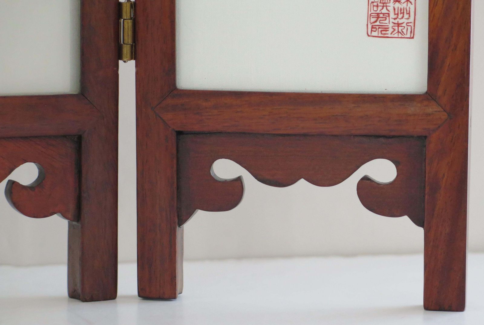 Home Decor Chinese Folding Screen For Desk Hardwood & Silk Hand Decorated, Circa 1960 photo