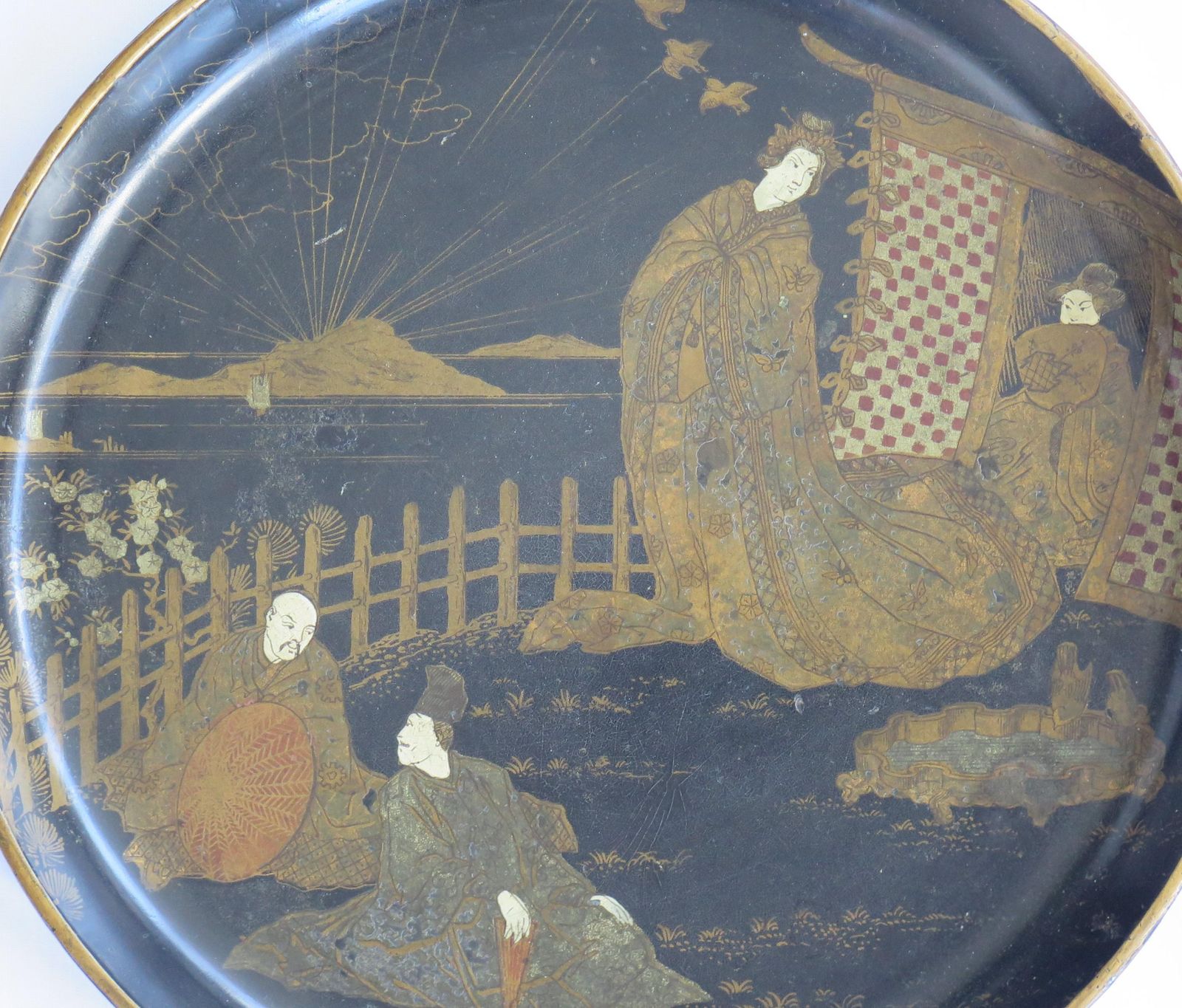Japanese Laquered Tray Decorated With People On A Verandah, Meiji Period photo for sale