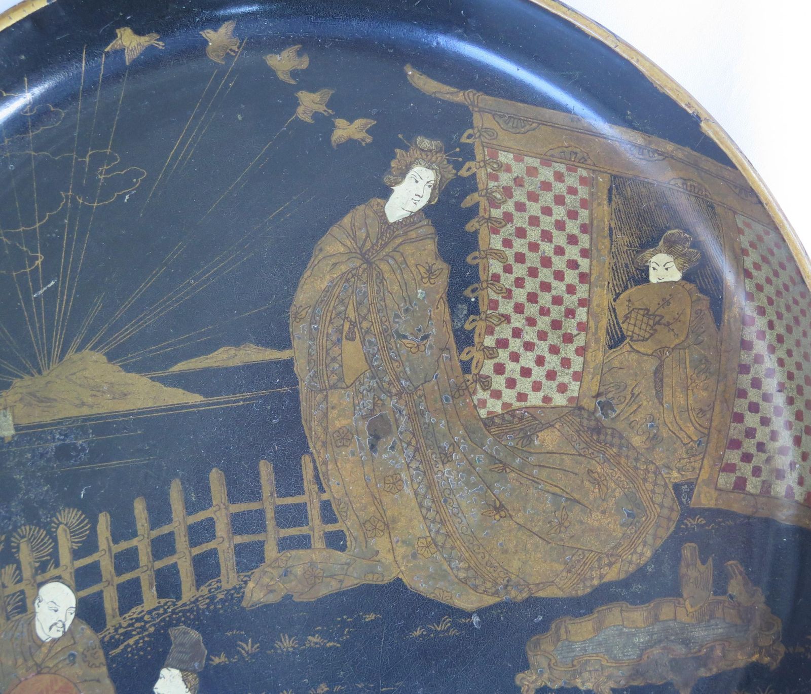 Japanese Laquered Tray Decorated With People On A Verandah, Meiji Period photo buy