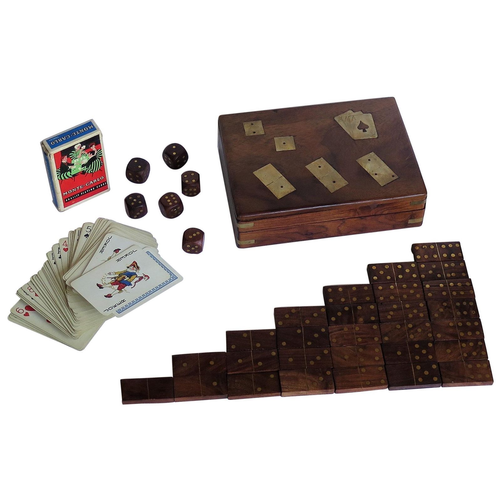 Complete Handmade Game Box With Dominoes, Six Dice & Playing Cards, Circa 1940s