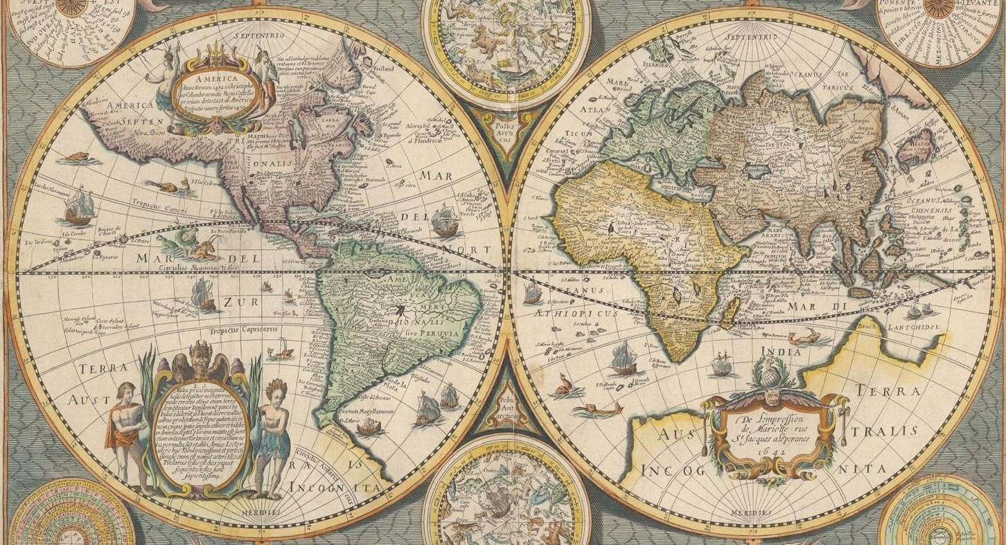 Framed World Map Print Showing Double Hemisphere Dating To 1642 Originally, New photo for sale