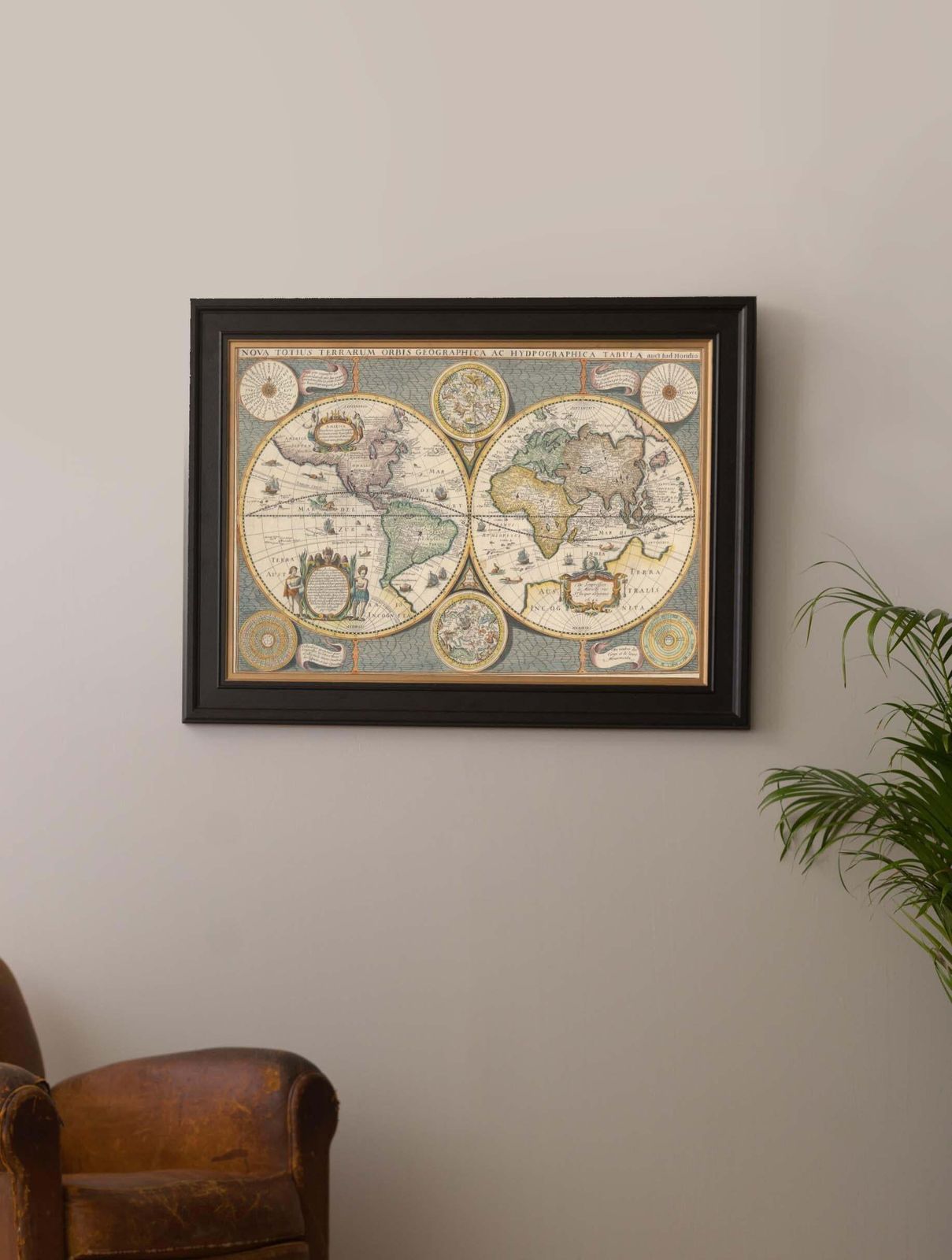 Framed World Map Print Showing Double Hemisphere Dating To 1642 Originally, New photo 245.0