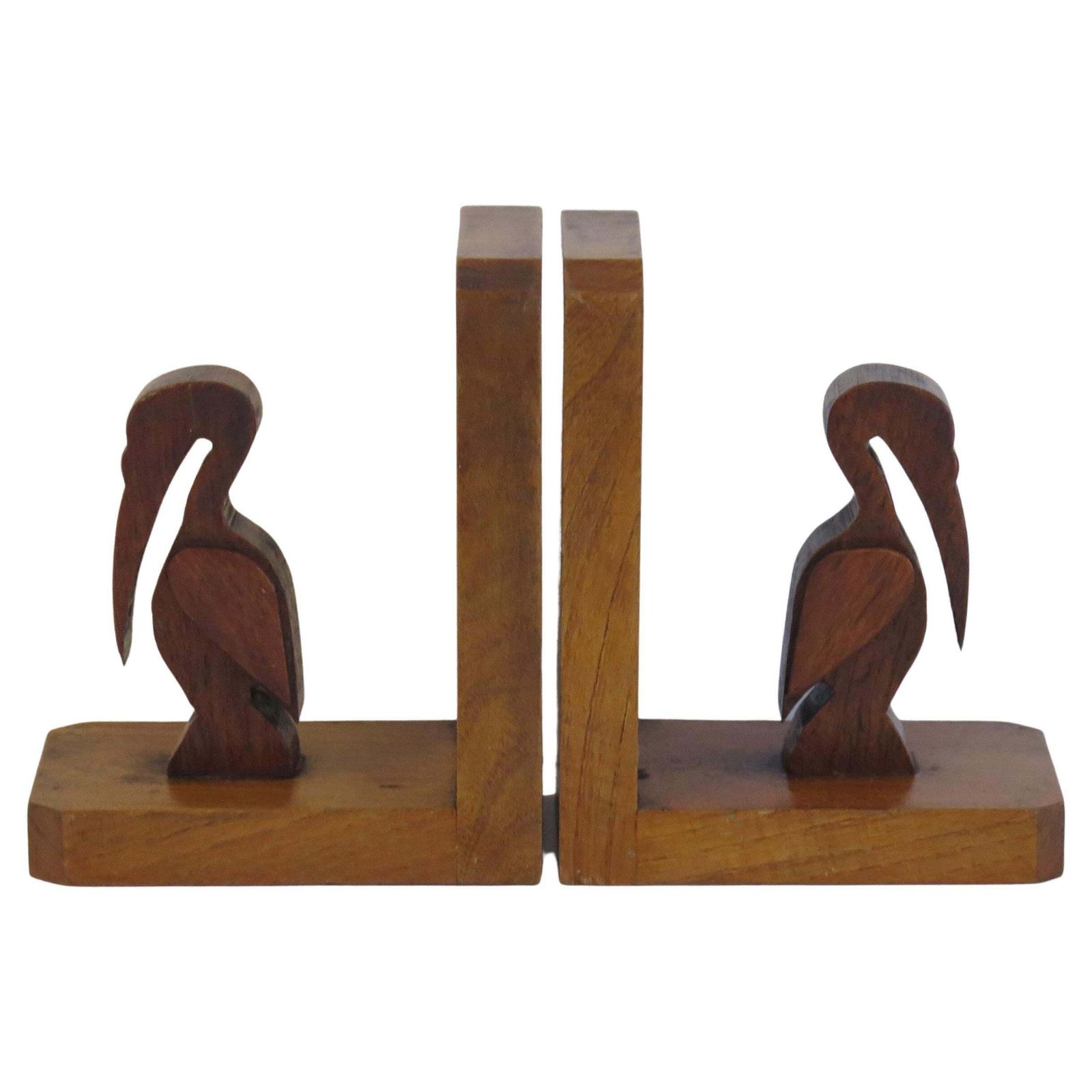 Art Deco Pair Of Pelican Figure Bookends In Hand Carved Woods, Circa 1930