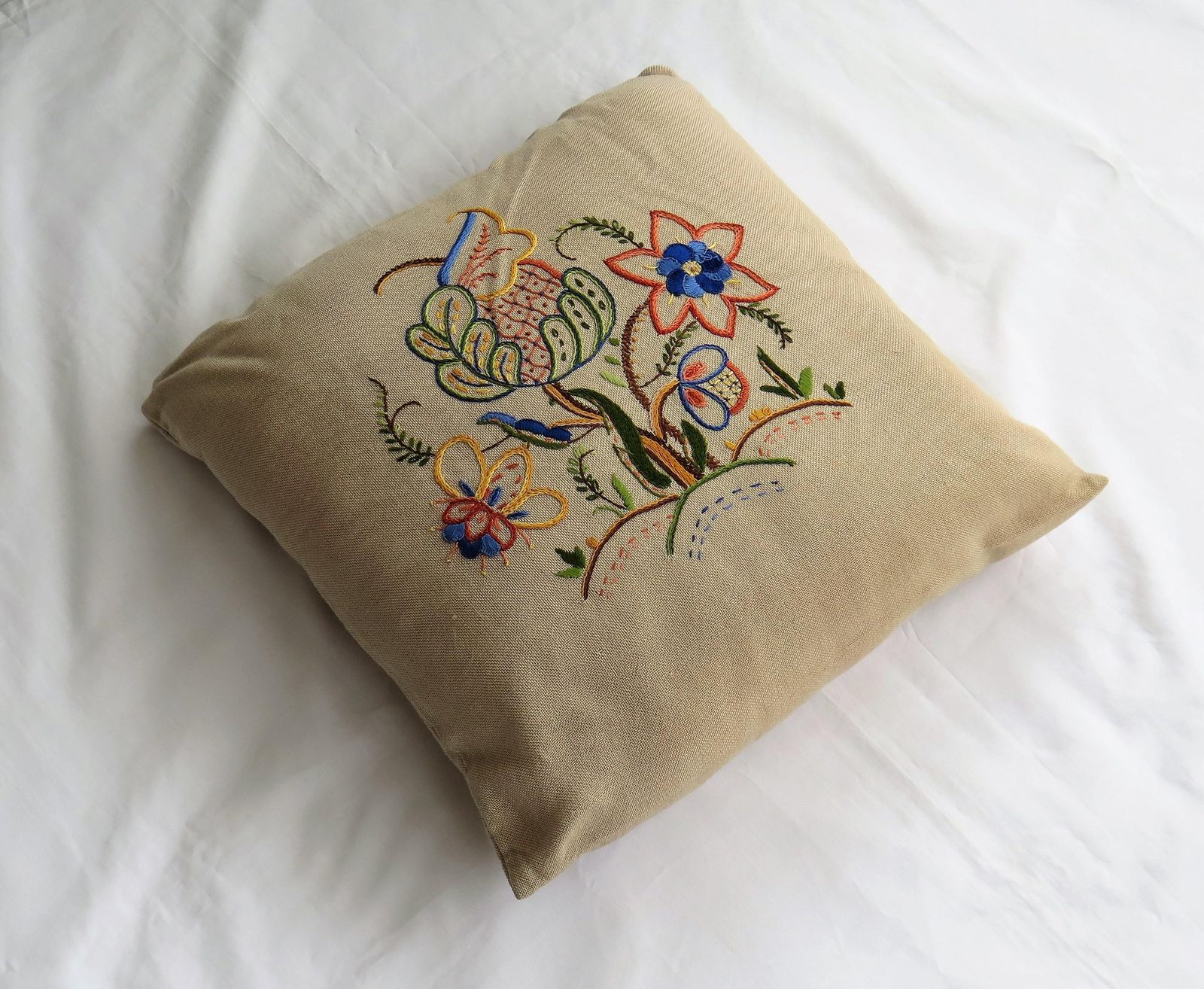 Hand Embroidered Cushion Or Pillow, English Circa 1940s photo vinterior