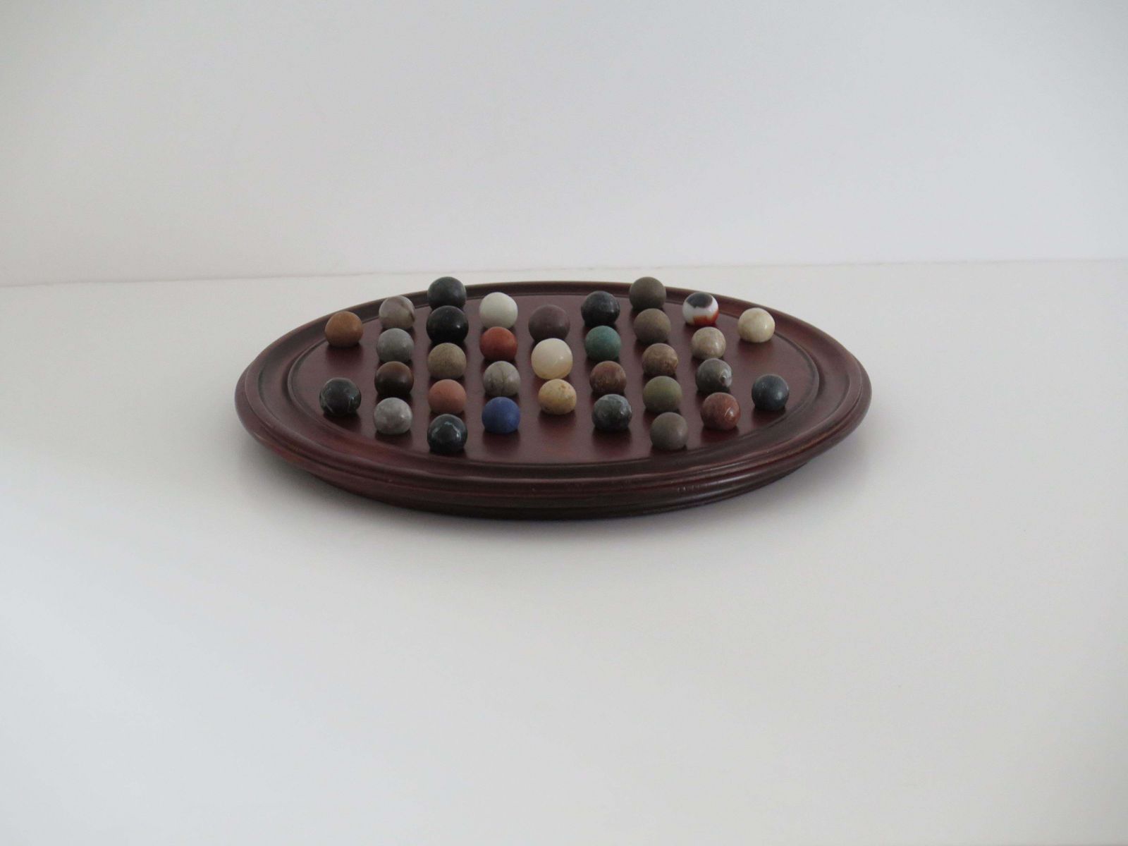 Marble Solitaire Game 10 Inch Hardwood Board 35 Mixed Stone Marbles, Circa 1945 photo 310.0
