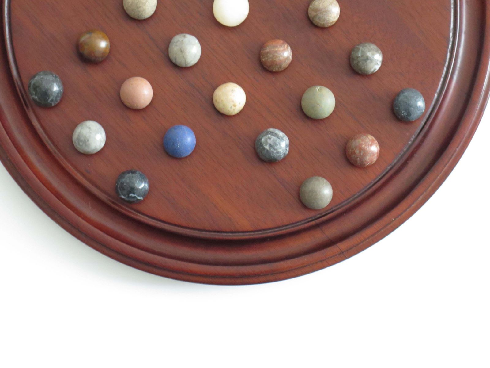 photo for sale Marble Solitaire Game 10 Inch Hardwood Board 35 Mixed Stone Marbles, Circa 1945