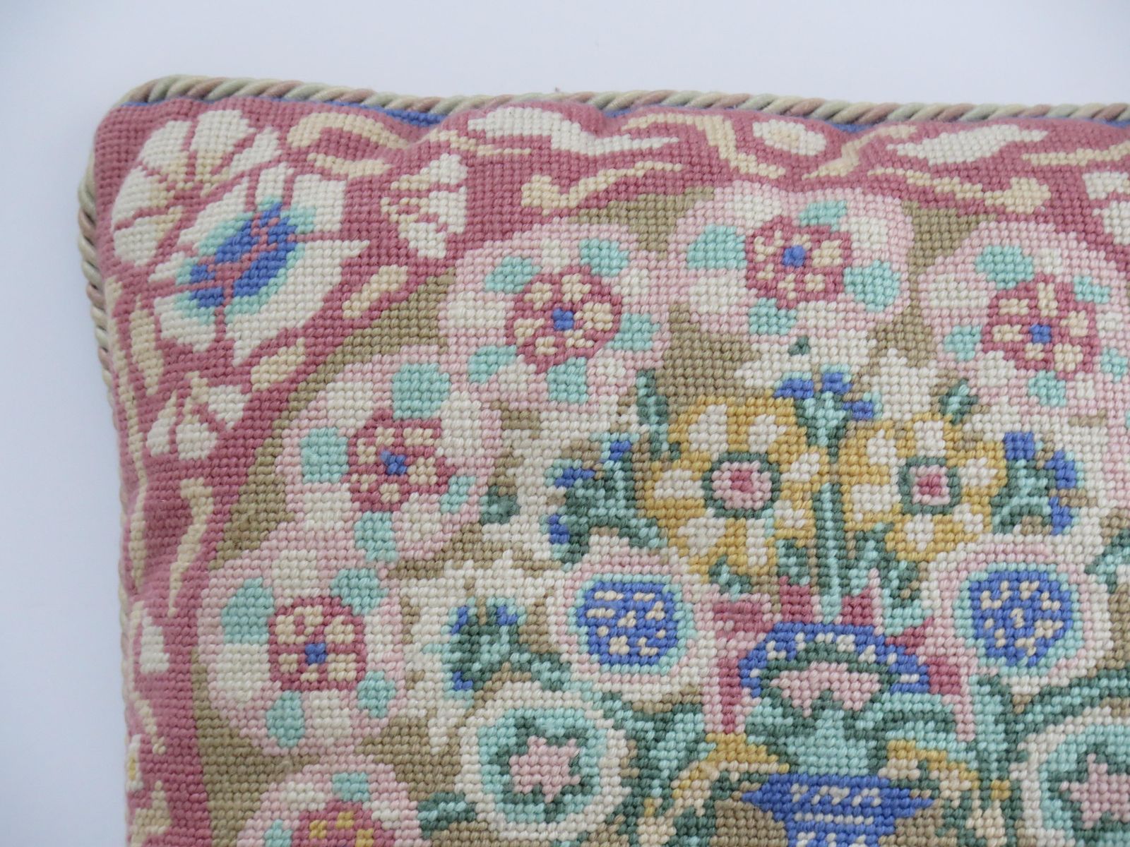 Woven Cushion Or Pillow With Flower Vase Pattern In Pastel Shades, Circa 1930s photo vinterior