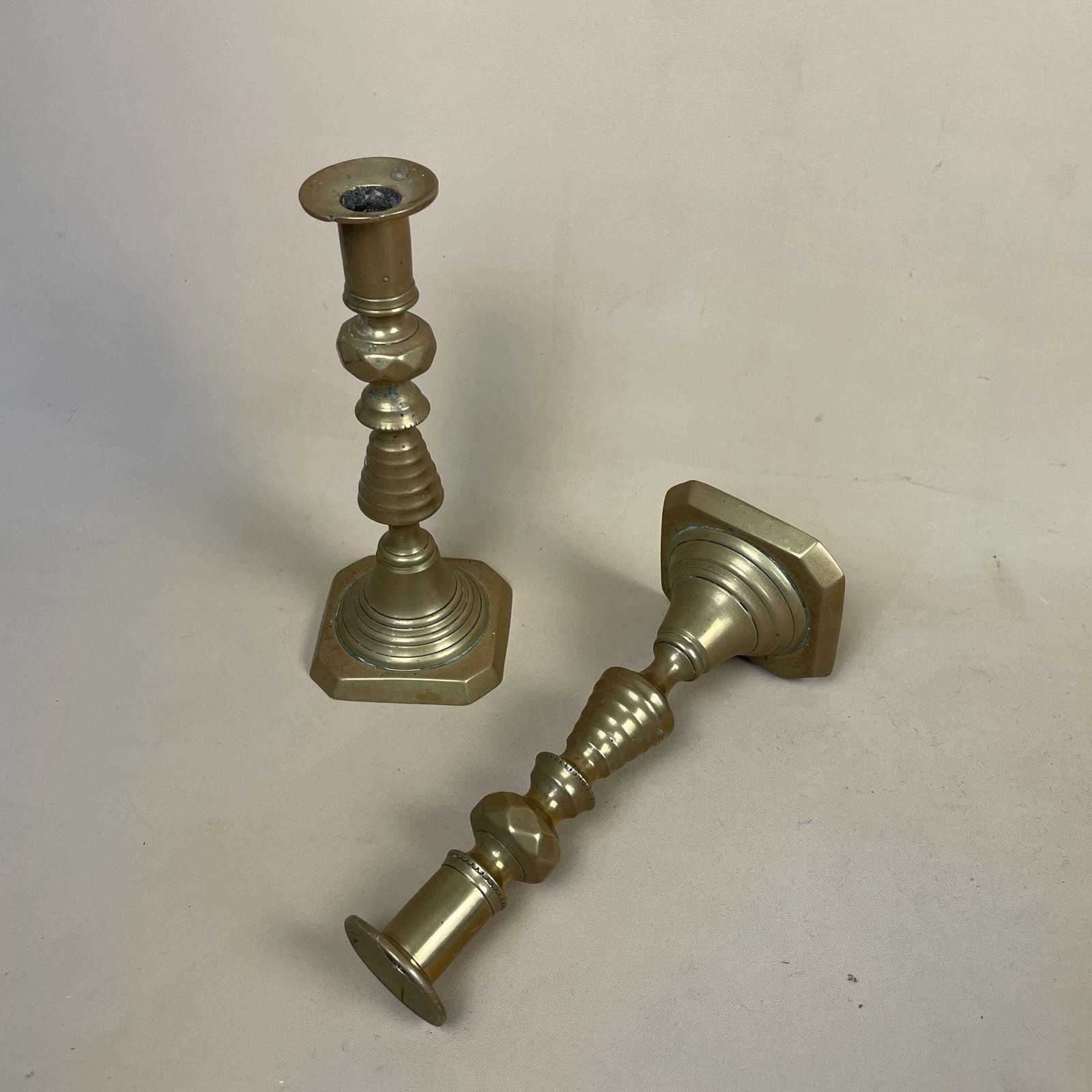 Antique Matching Pair Of Gold Brass Metal Candlestick Candle Stick Vintage Column Taper Dinner Candlesticks Base Pillar photo furniture