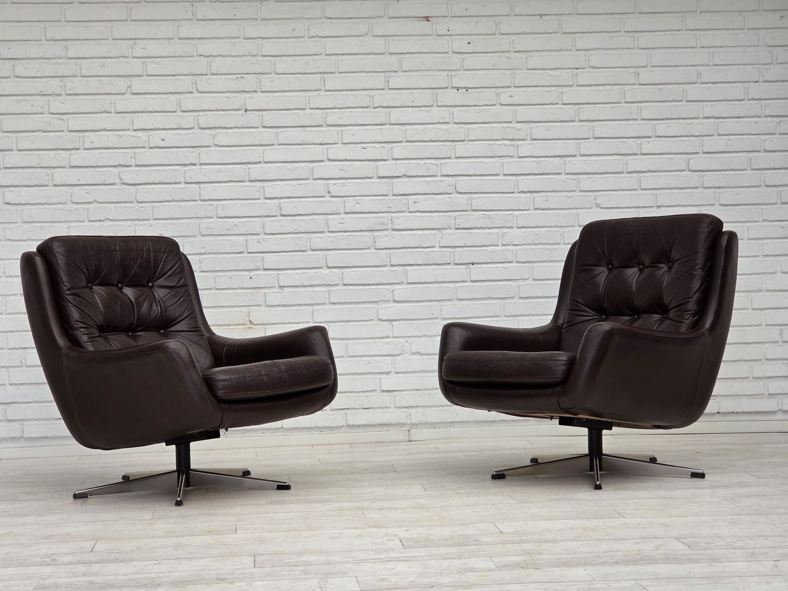 1970s, Set Of Two Swivel Lounge Chairs With Footstool, Leather. photo Furniture