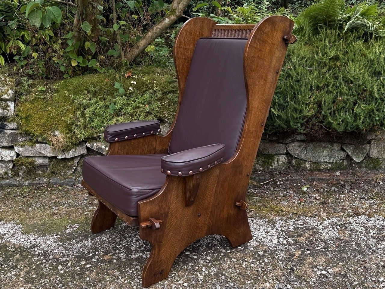 A Nigel Rupert Griffiths Monastic Carved Oak Leather Fireside Chair / Armchair photo vintage