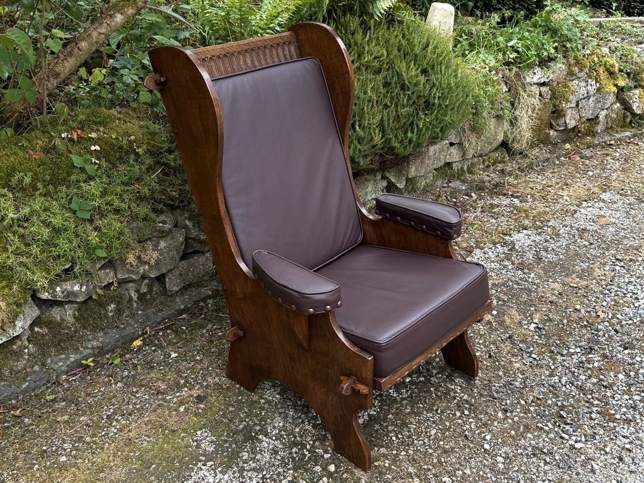 photo buy A Nigel Rupert Griffiths Monastic Carved Oak Leather Fireside Chair / Armchair