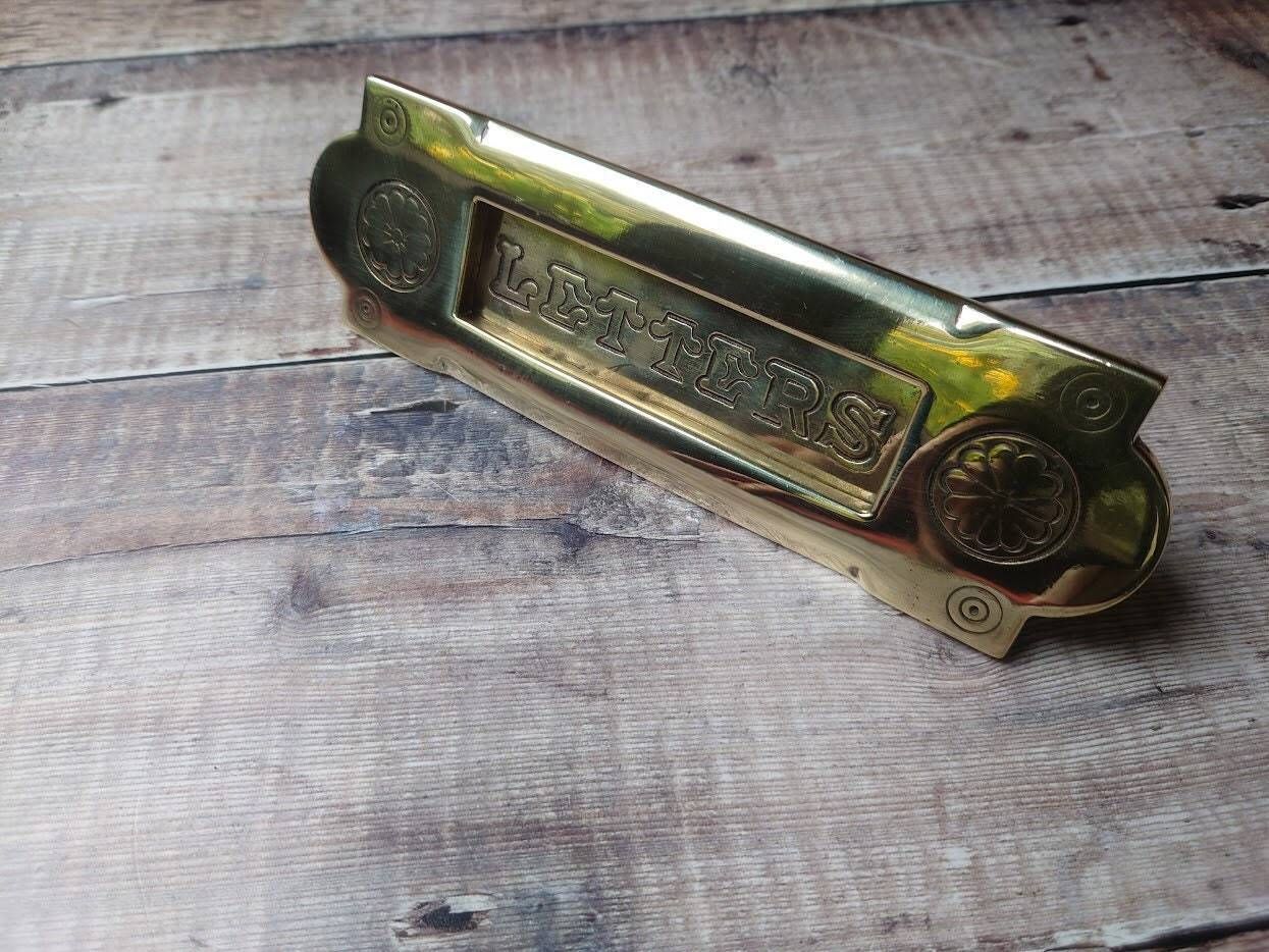Small Stunning Gothic Polished Brass Door Mail Slot photo vinterior