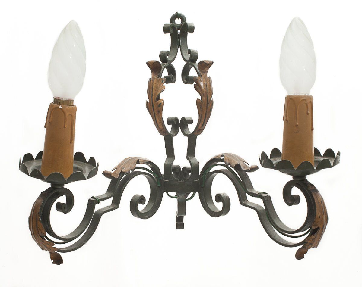 Set Of Large Chandelier And 2 Wall Lights Poillerat 1950 photo vinterior