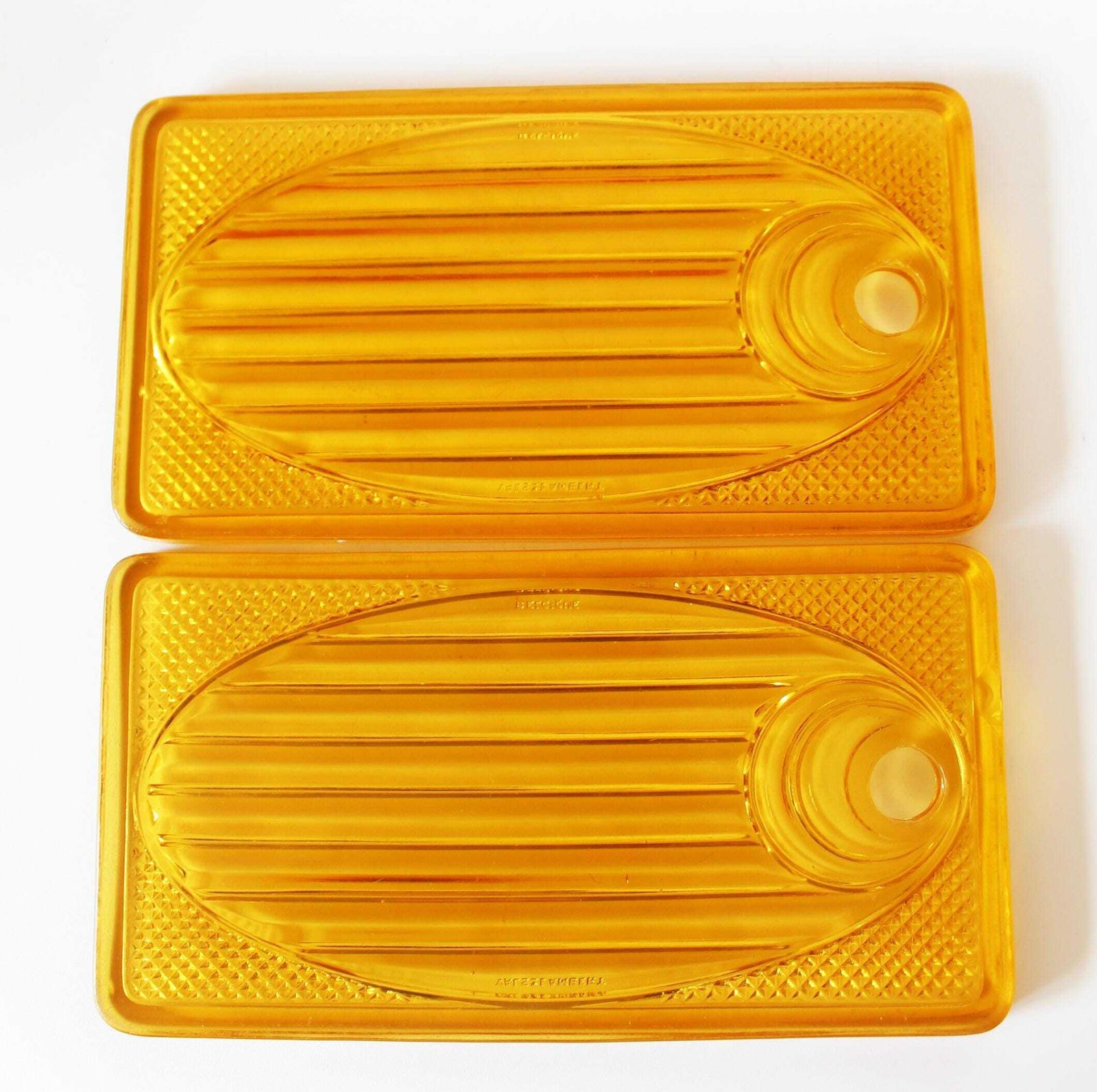 Rare Two Art Deco Pressed Glass Breakfast Plate Plaque, Val Saint Lambert Luxval, Amber Glass, Belgium Glass, Art Glass, Fish Design, Chips photo for sale