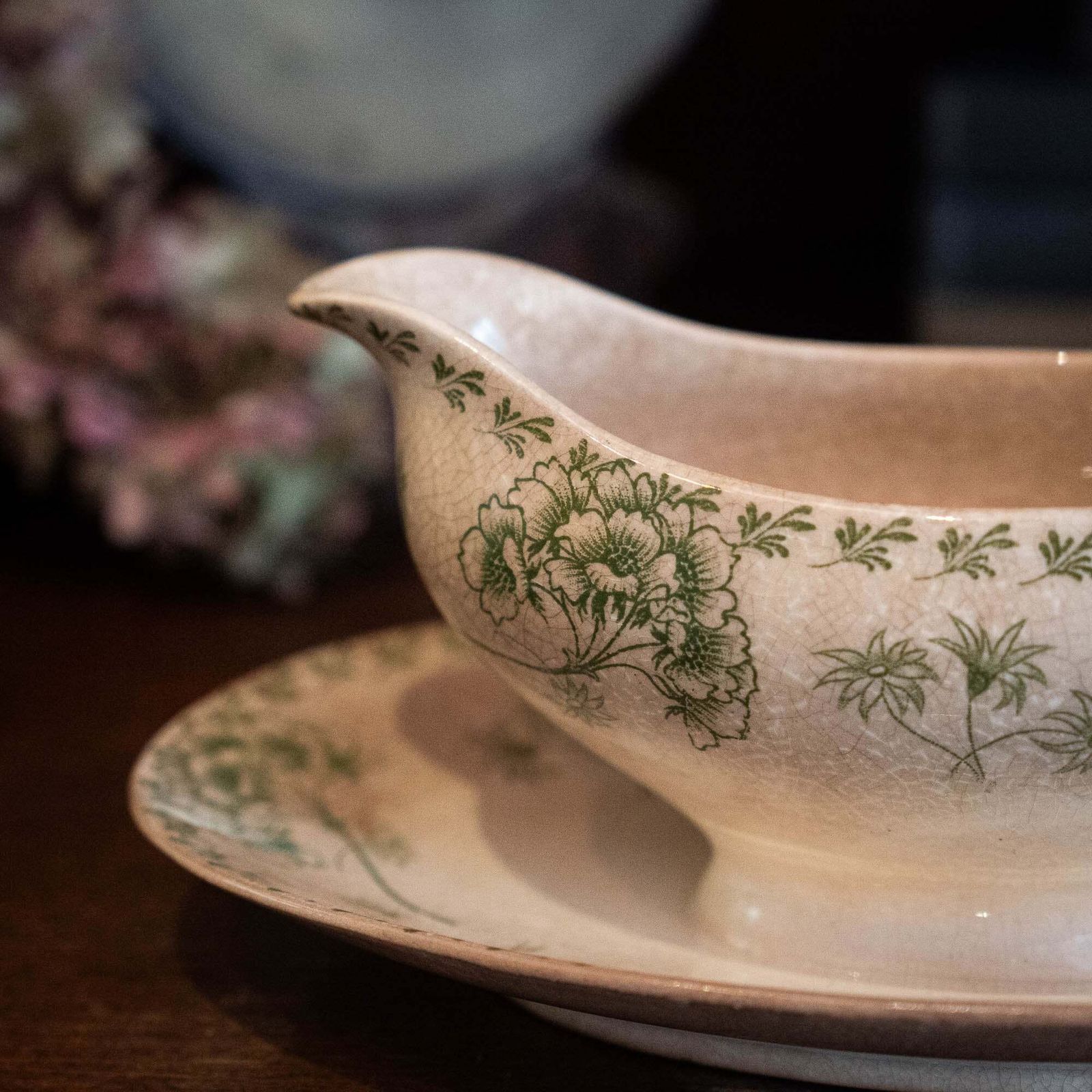 Antique Green Flowery Gravy Boat With Crazing   Sarreguemines   1900s photo 72.0