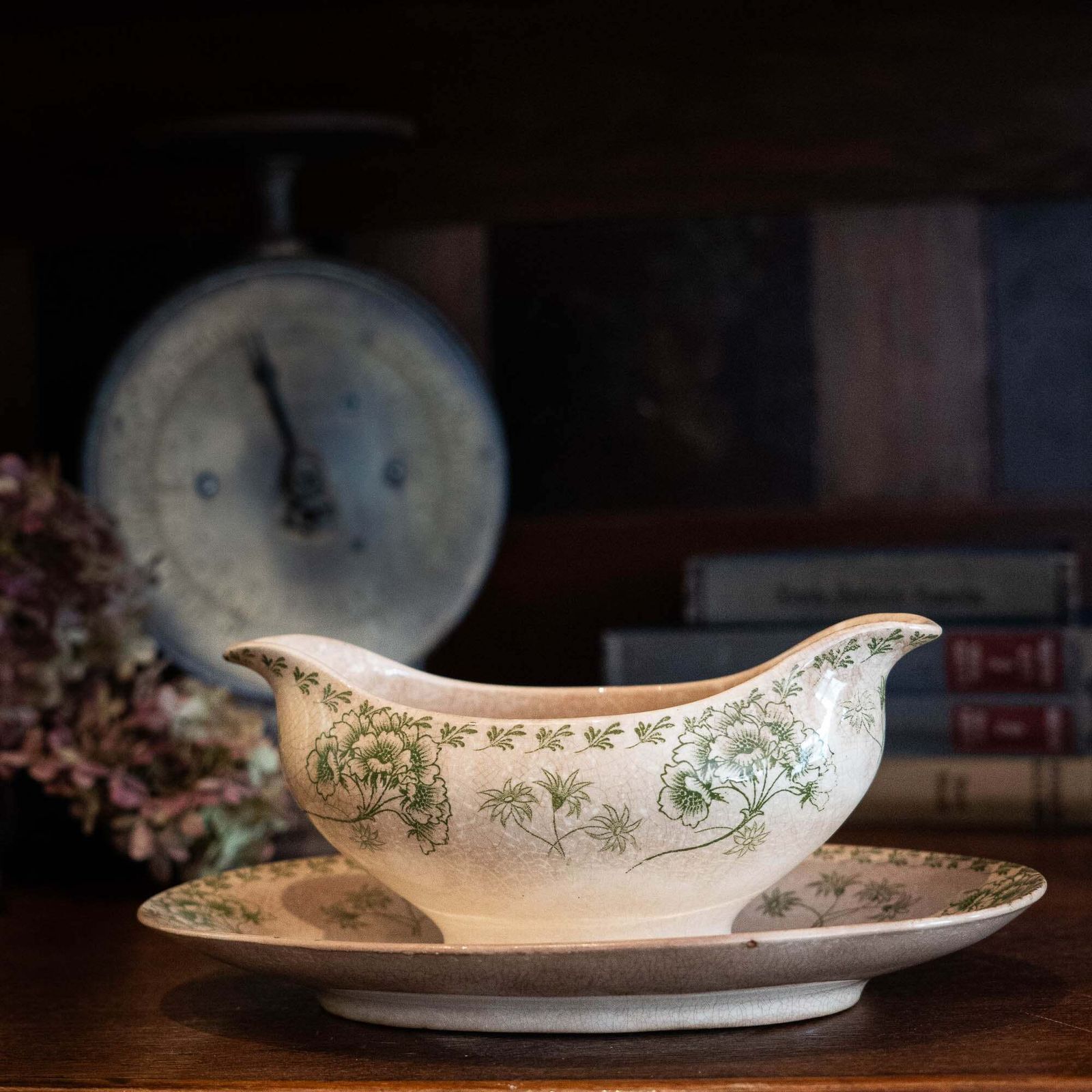 Antique Green Flowery Gravy Boat With Crazing   Sarreguemines   1900s photo vinterior