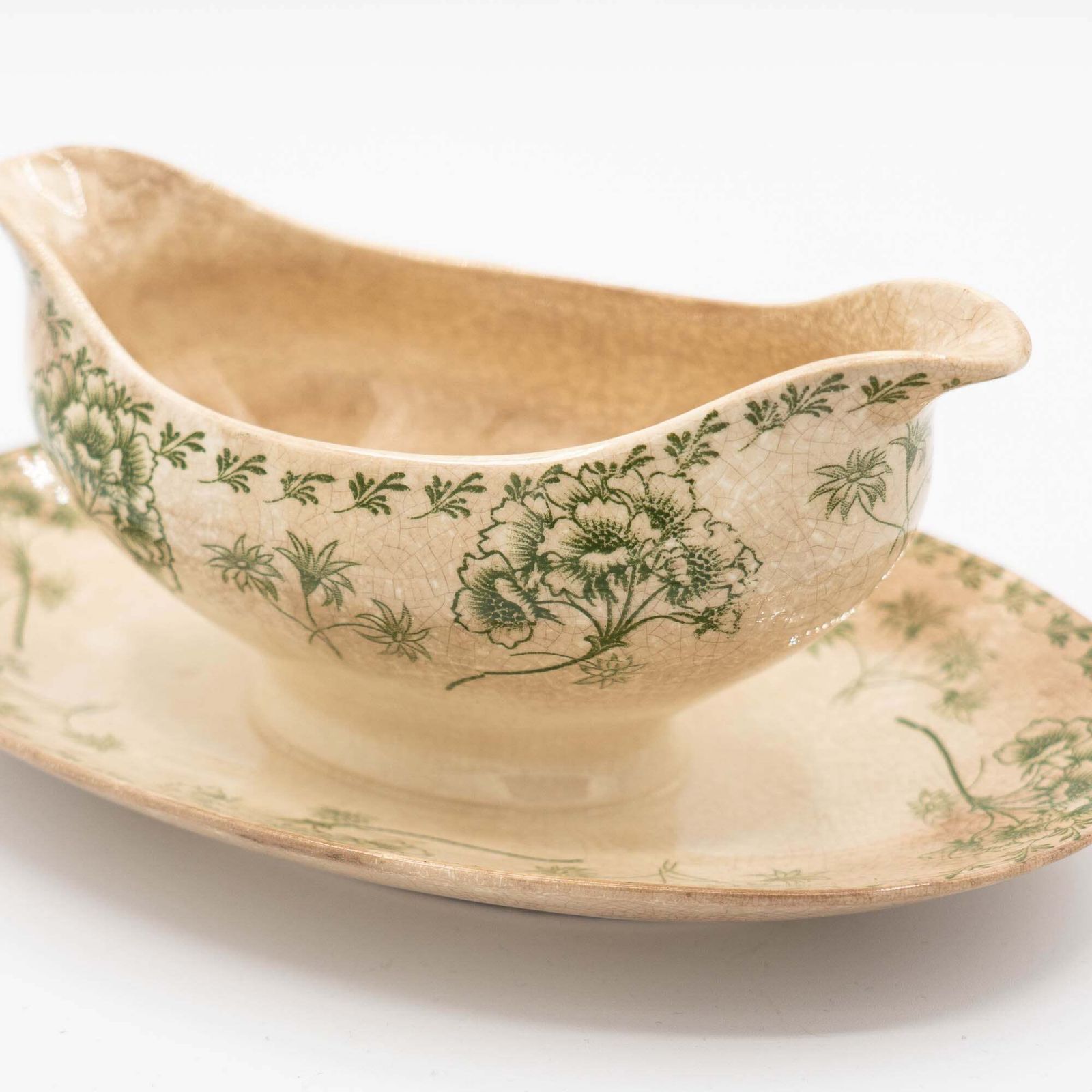 photo furniture Antique Green Flowery Gravy Boat With Crazing   Sarreguemines   1900s