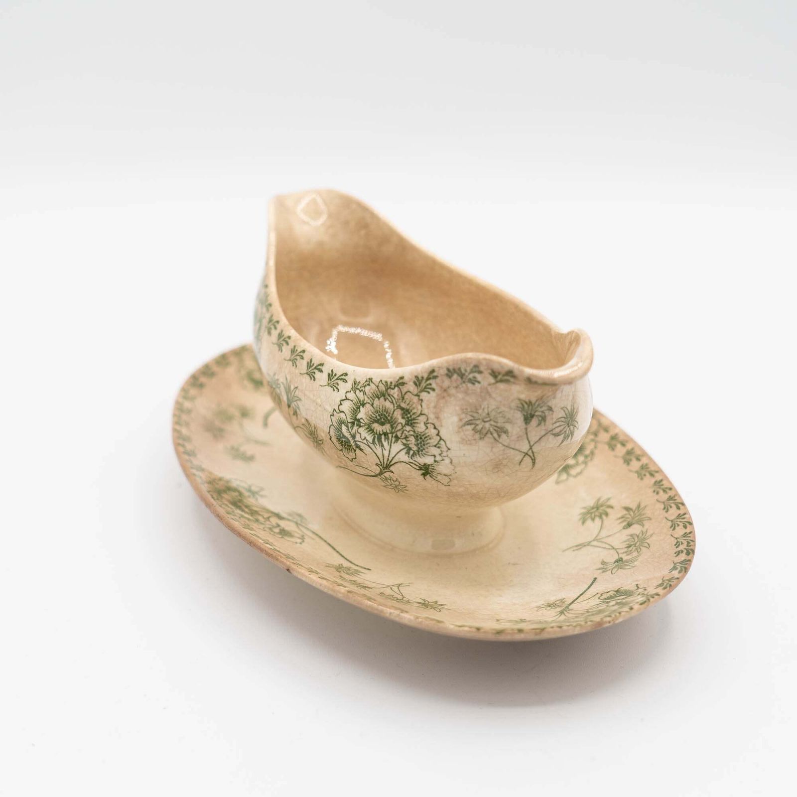 photo for sale Antique Green Flowery Gravy Boat With Crazing   Sarreguemines   1900s