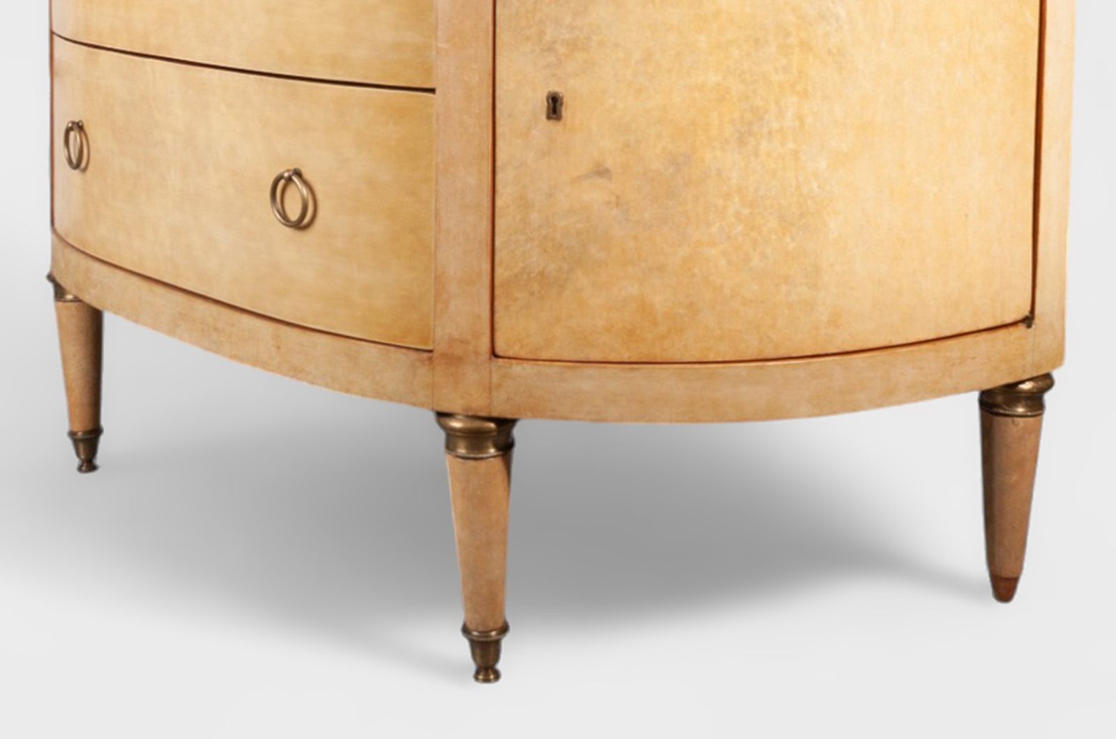 Mid 20th Century Modern André Arbus Style Parchment Covered Wood And Marble Demilune Dresser, France photo buy